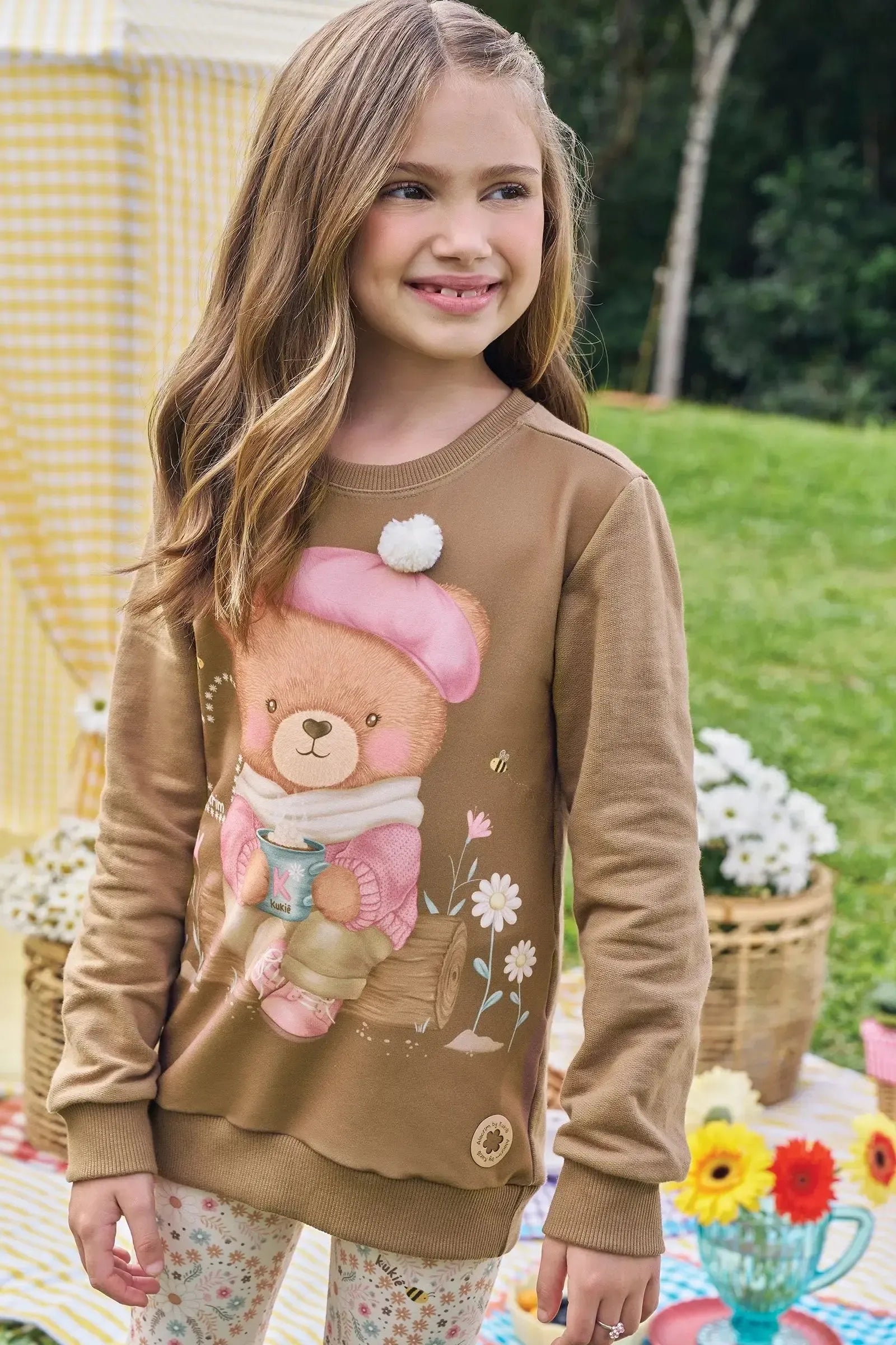 Conjunto de Blusão Alongado em Moletom sem Pelúcia e Calça Legging em Molecotton 89897 Kukiê Infantil Menina