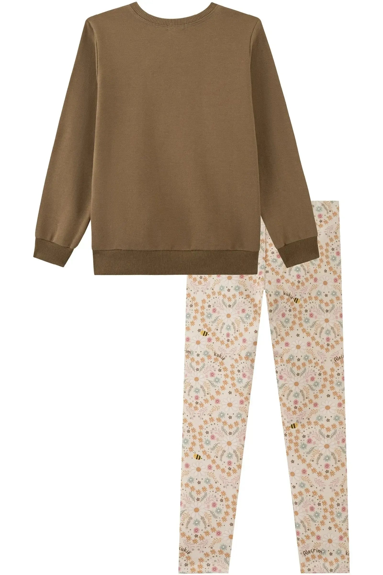 Conjunto de Blusão Alongado em Moletom sem Pelúcia e Calça Legging em Molecotton 89897 Kukiê Infantil Menina