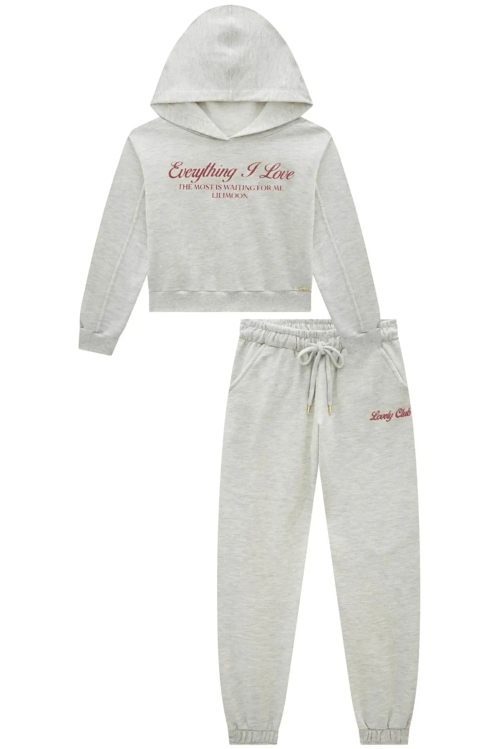 Conjunto de Blusão Boxy com Capuz e Calça Jogger em Moletom com Pelúcia 91715 Lilimoon Teen Menina