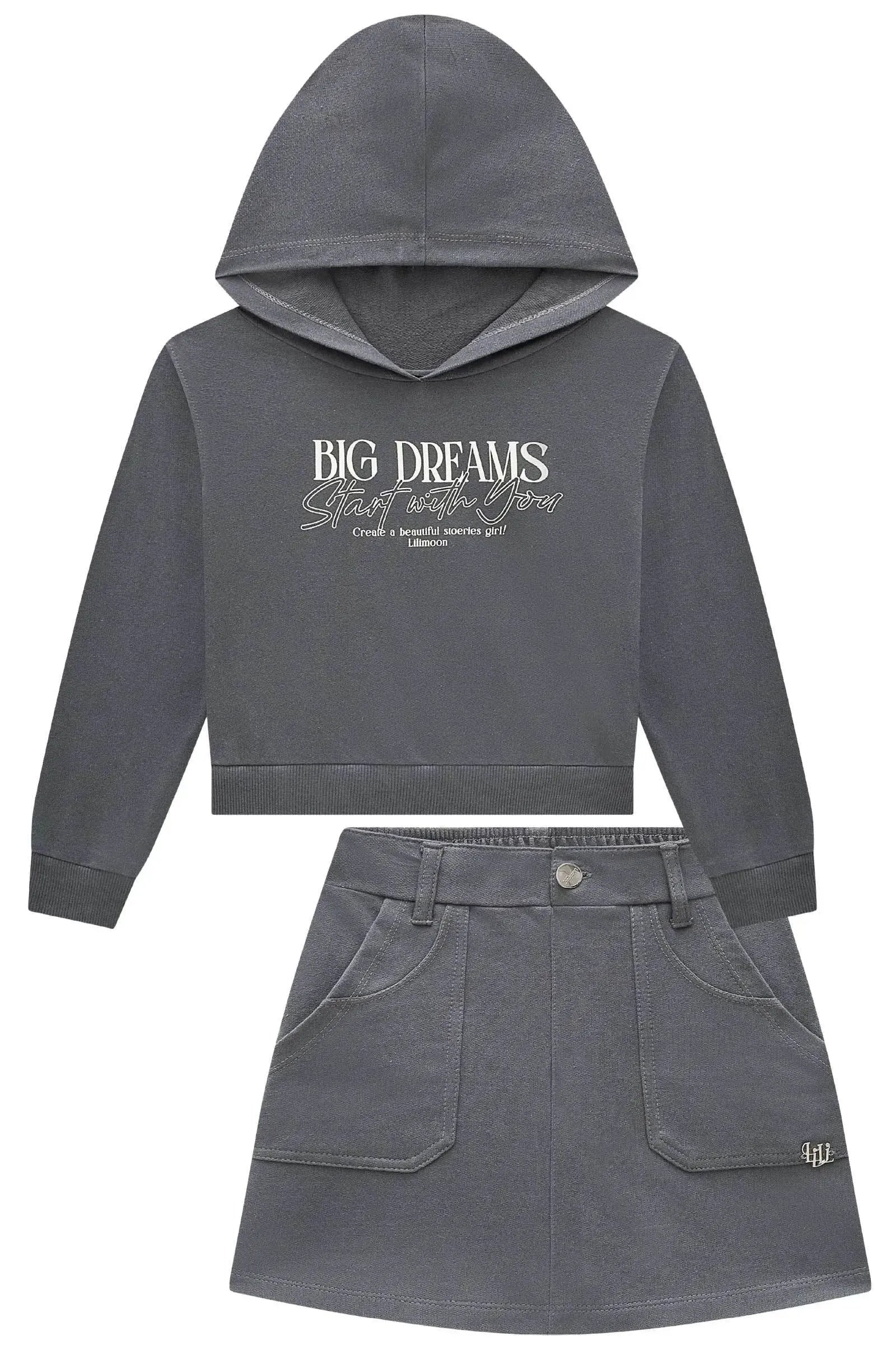Conjunto de Blusão Boxy com Capuz e Saia em Moletom sem Pelúcia 91672 Lilimoon Teen Menina