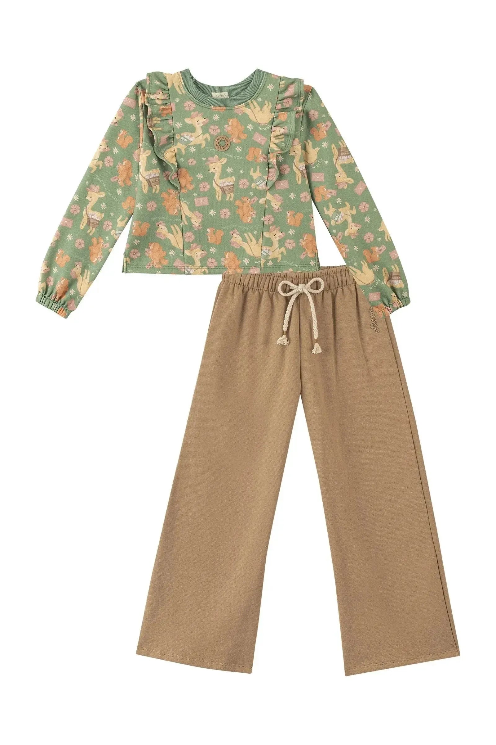 Conjunto de Blusão Boxy e Calça Wide Leg em Moletom com Pelúcia 89907 Kukiê Infantil Menina