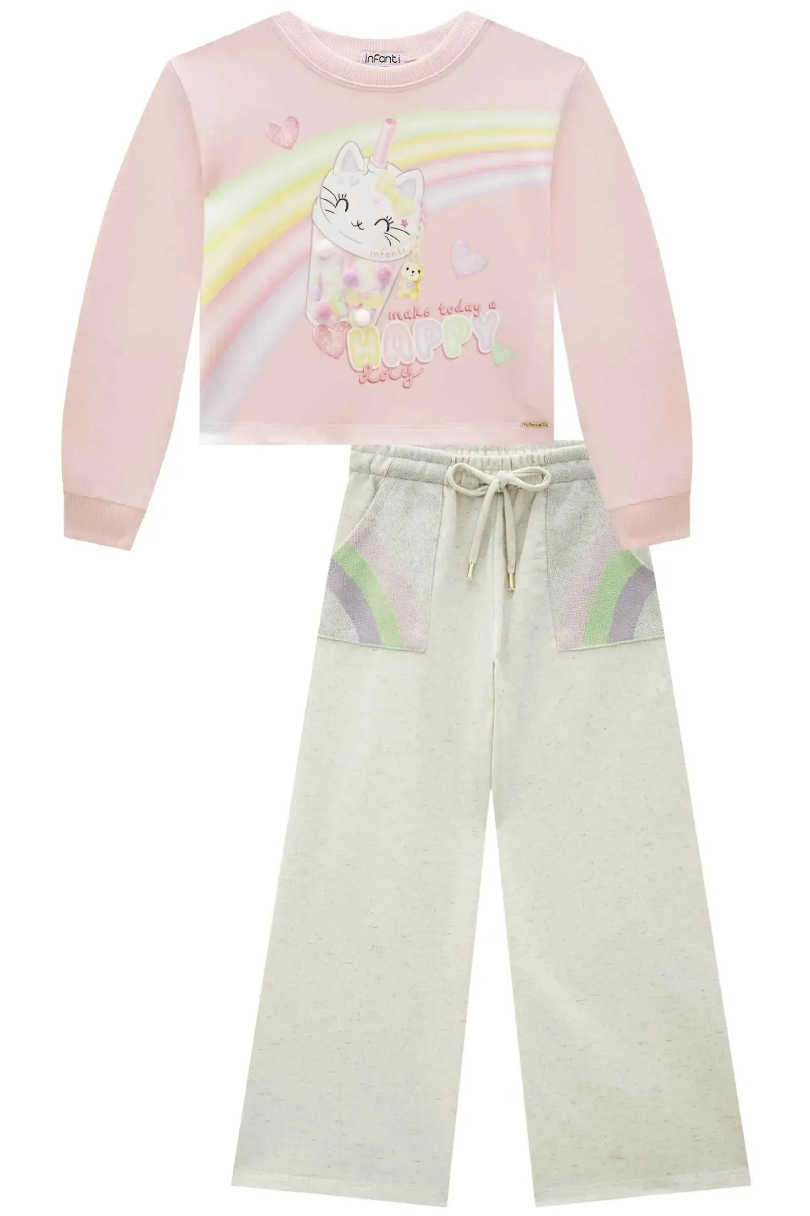 Conjunto de Blusão Boxy e Calça Wide Leg em Moletom sem Pelúcia 92618 Infanti Infantil Menina