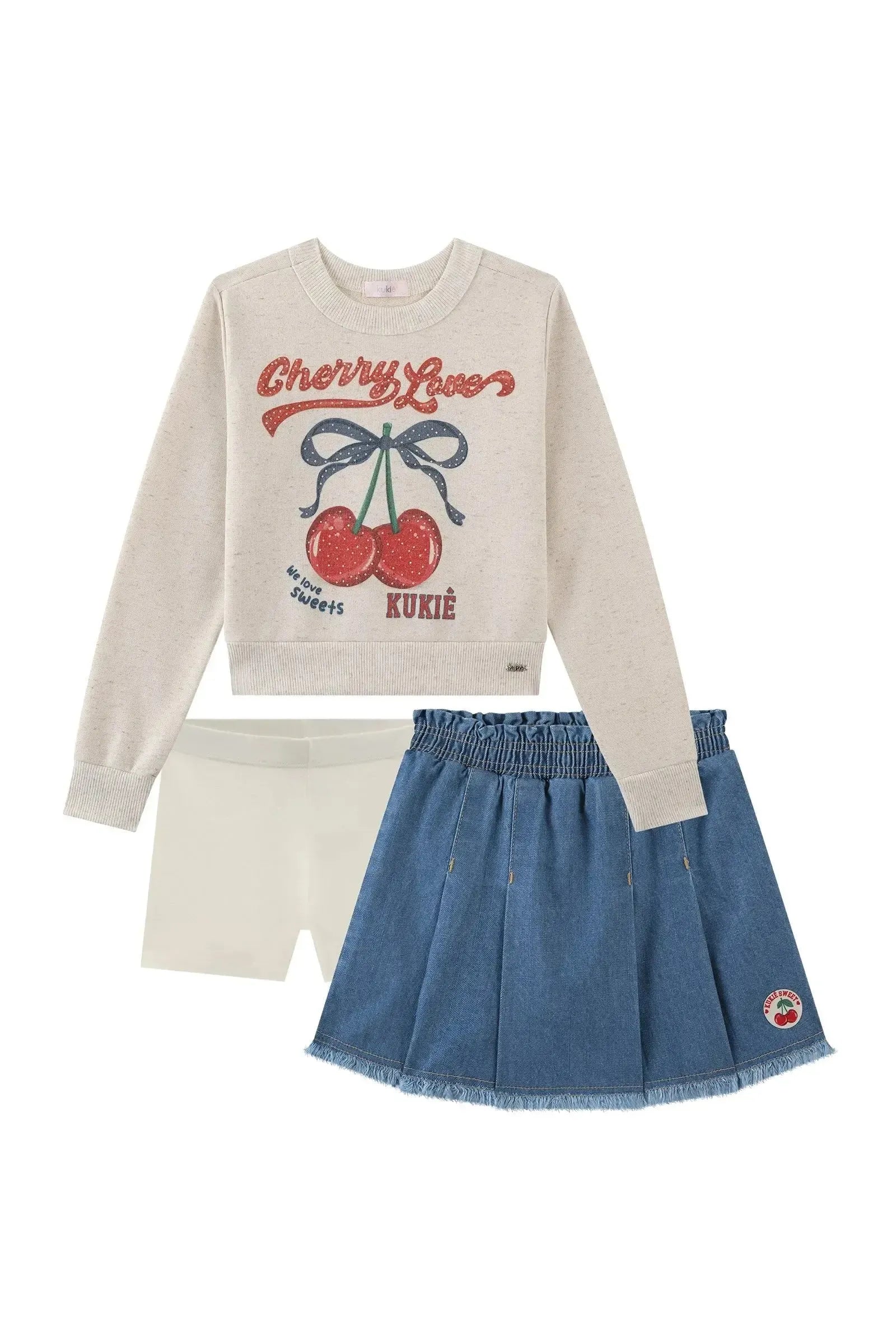 Conjunto de Blusão Boxy em Moletom Linho sem Pelúcia e Saia em Jeans 100% Algodão 90633 Kukiê Infantil Menina