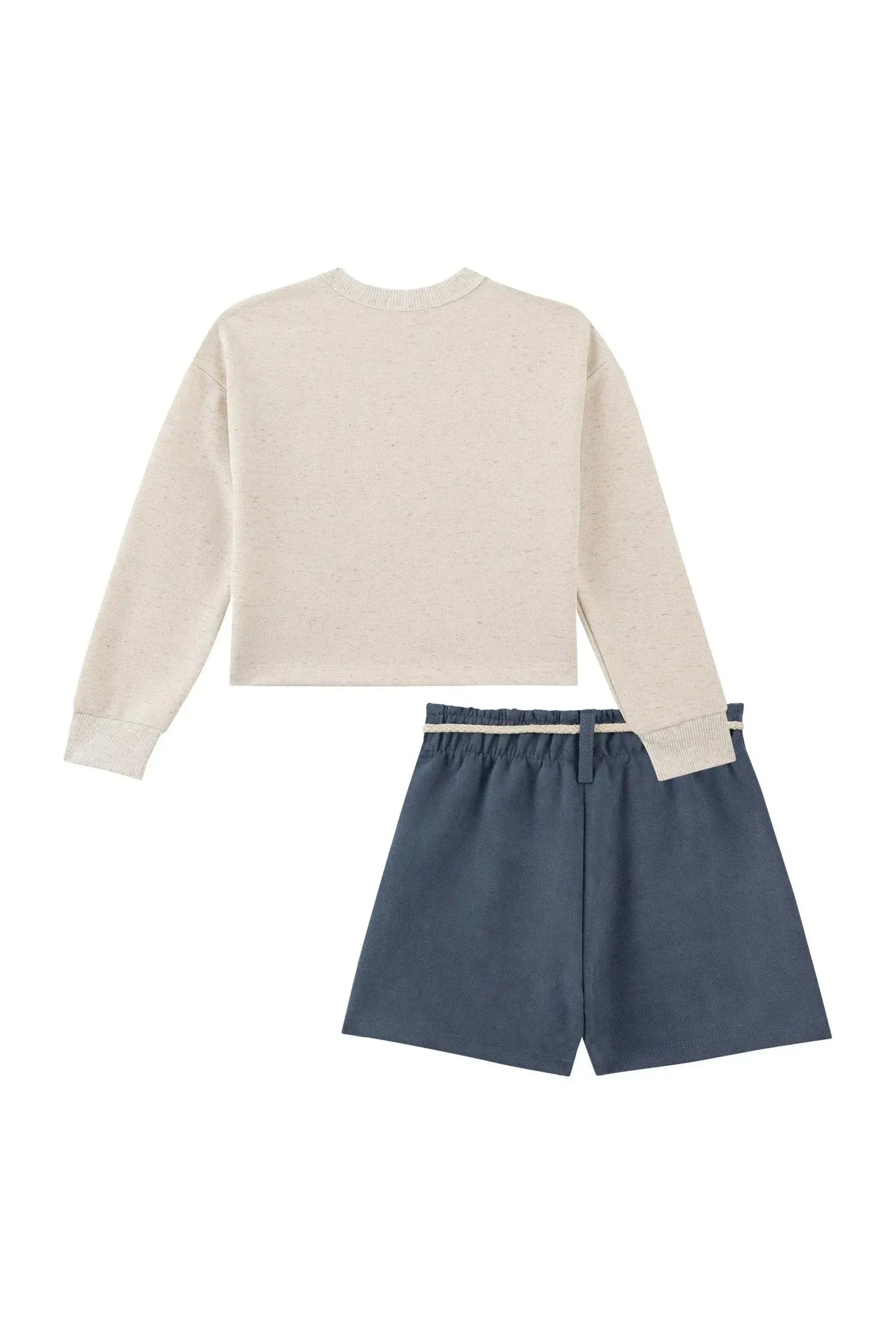 Conjunto de Blusão Boxy em Moletom Linho sem Pelúcia e Short em Scuba Suede 92649 Kukiê Infantil Menina