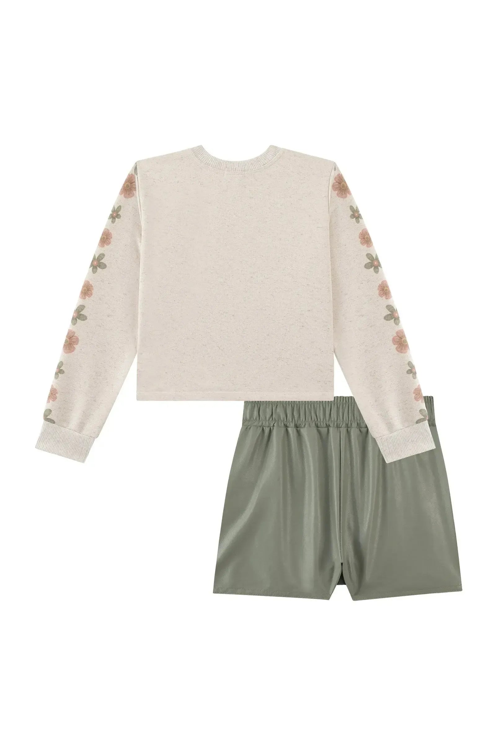 Conjunto de Blusão Boxy em Moletom Linho sem Pelúcia e Short Saia em Couro Eco 92451 Kukiê Infantil Menina