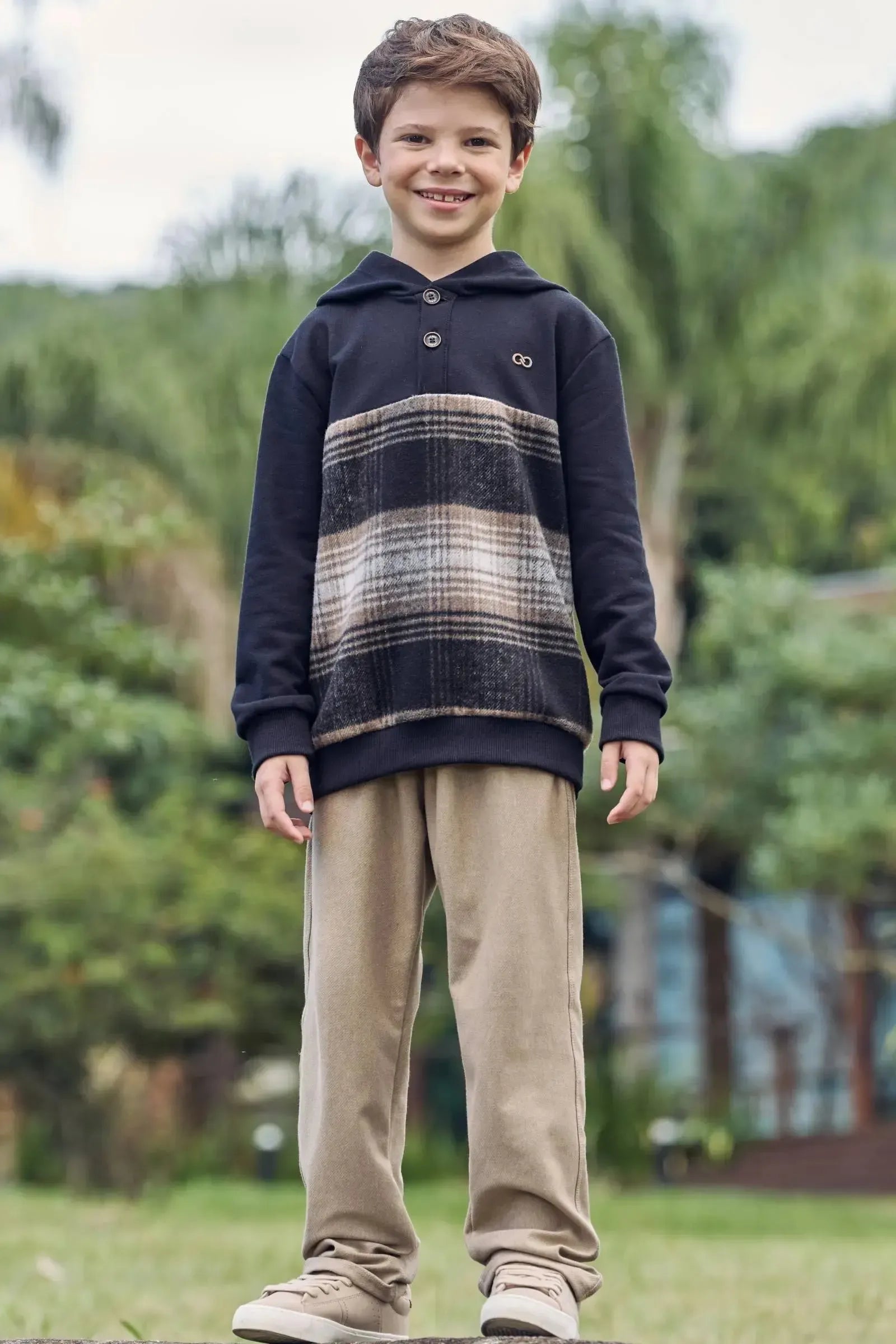 Conjunto de Blusão em Moletom com Flanela Xadrez e Calça em Cotton Jeans com Elastano 92098 LucBoo Infantil Menino