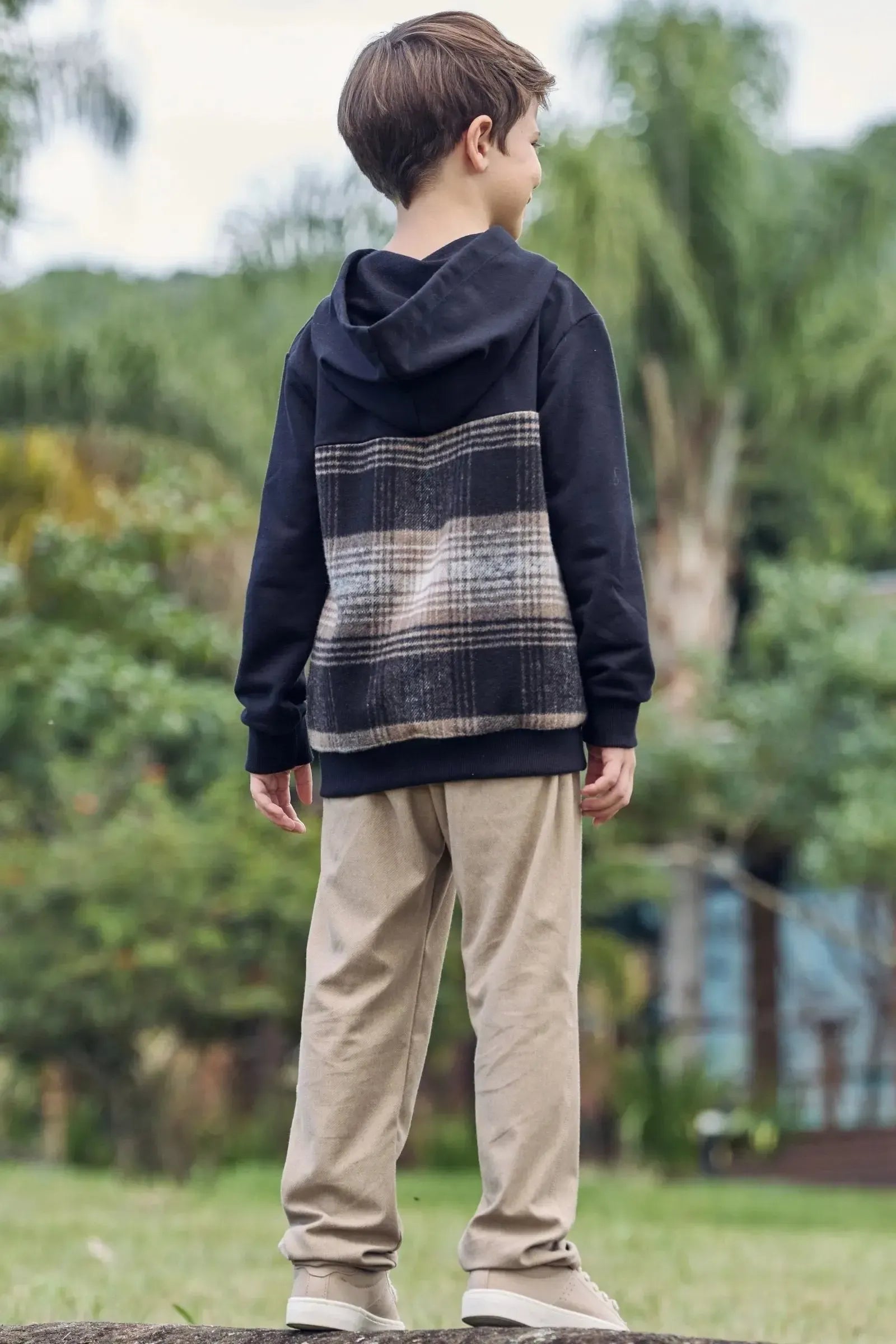 Conjunto de Blusão em Moletom com Flanela Xadrez e Calça em Cotton Jeans com Elastano 92098 LucBoo Infantil Menino