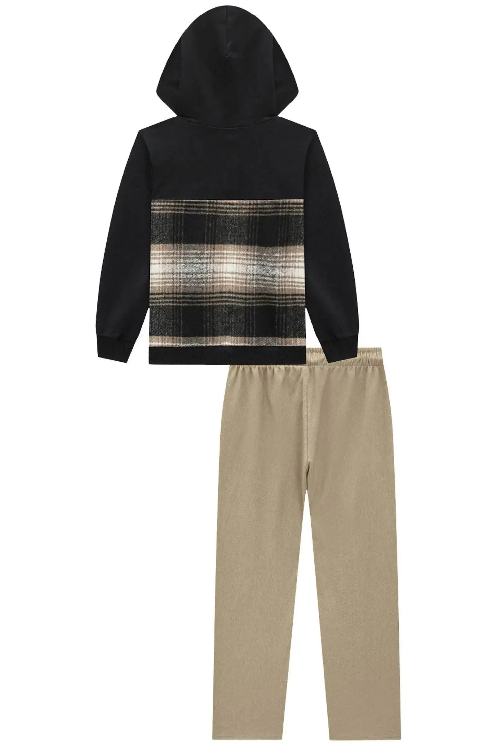 Conjunto de Blusão em Moletom com Flanela Xadrez e Calça em Cotton Jeans com Elastano 92098 LucBoo Infantil Menino