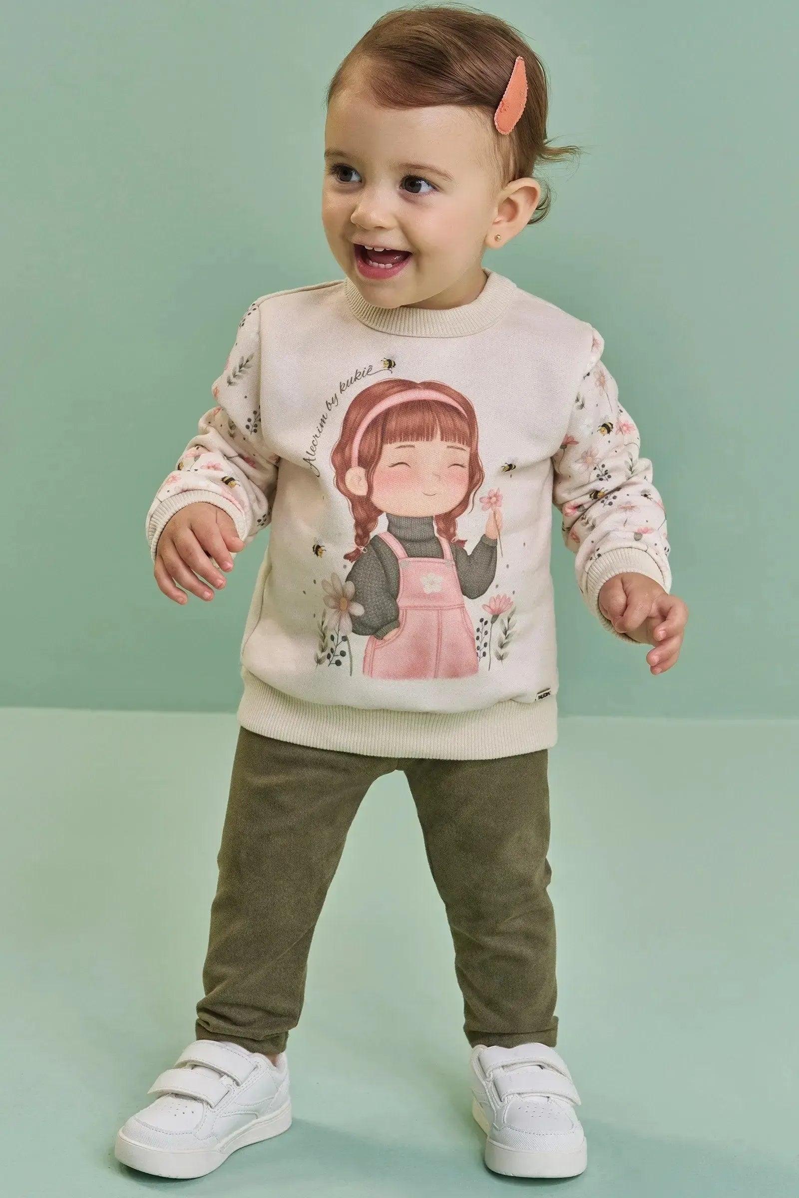 Conjunto de Blusão em Moletom com Pelúcia e Calça Legging em Cotelê Suede 90292 Kukiê Bebê Menina