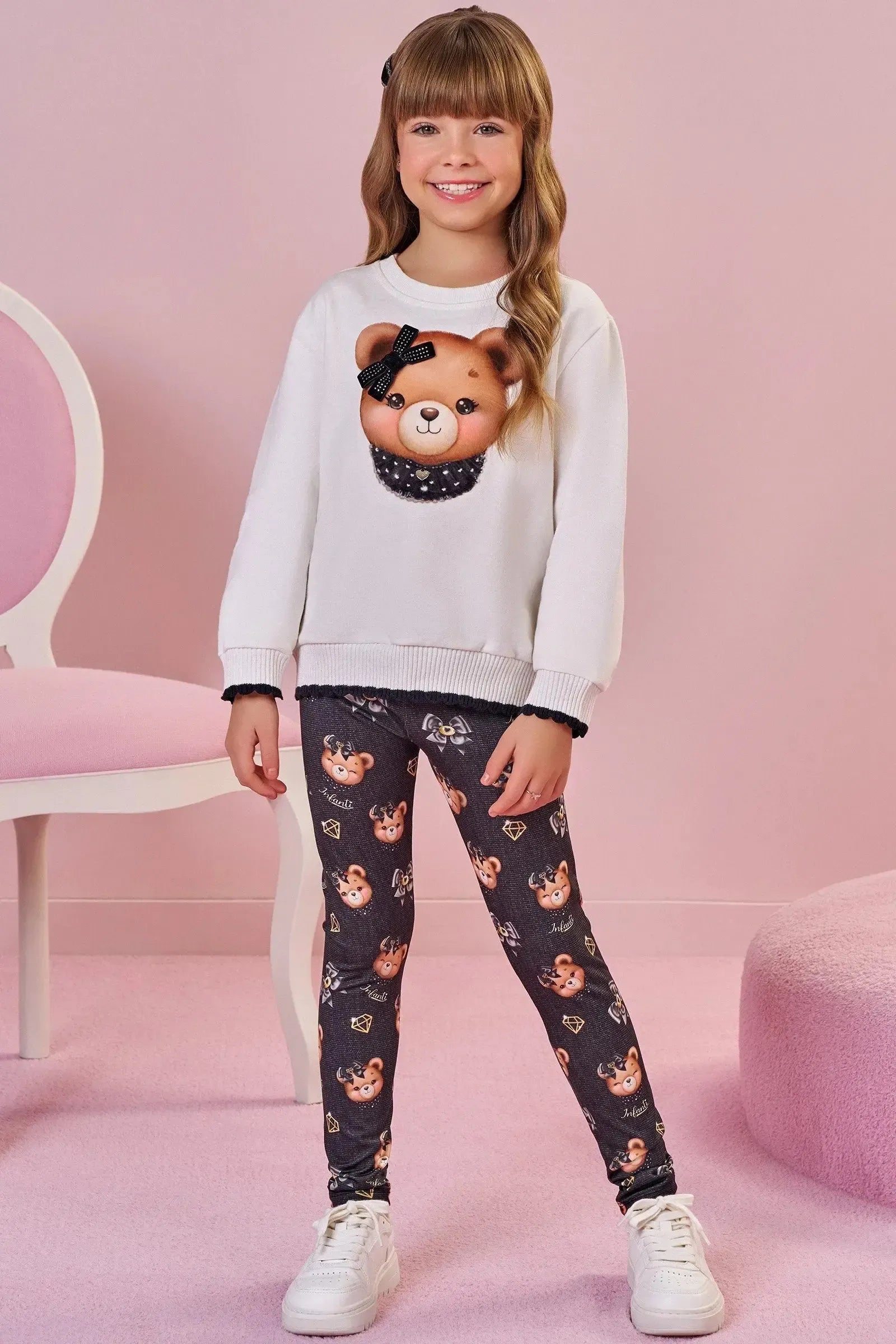 Conjunto de Blusão em Moletom com Pelúcia e Calça Legging em Termoskin Peluciado 89753 Infanti Infantil Menina