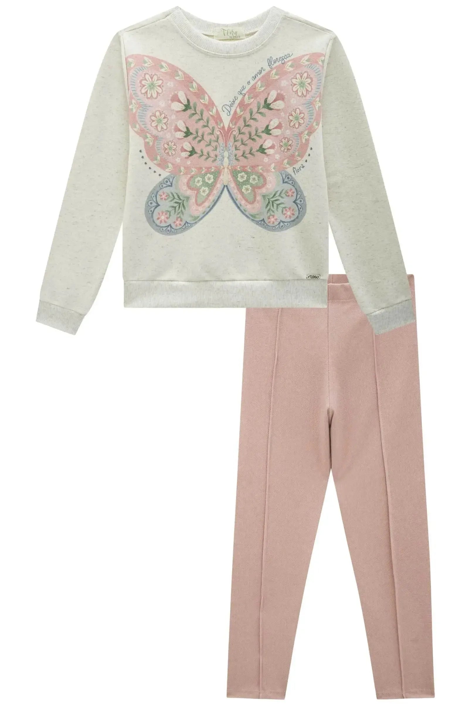Conjunto de Blusão em Moletom Linho sem Pelúcia com Calça Legging em Molecotton 89622 Infanti Infantil Menina