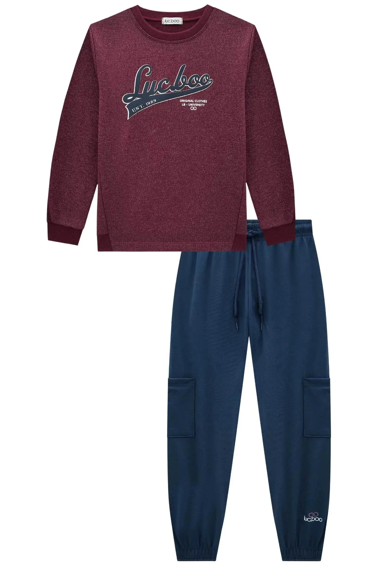 Conjunto de Blusão em Moletom Rajado sem Pelúcia e Calça Jogger em Termoskin Peluciado 90421 LucBoo Infantil Menino