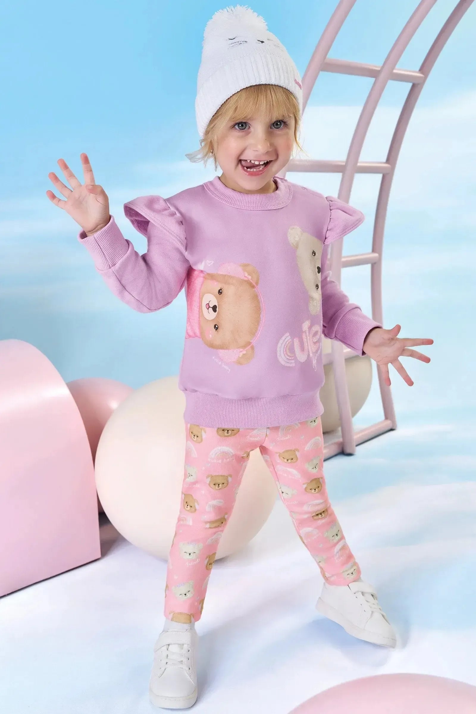 Conjunto de Blusão em Moletom sem Pelúcia e Calça Legging em Canelado 92199 Kukiê Bebê Menina