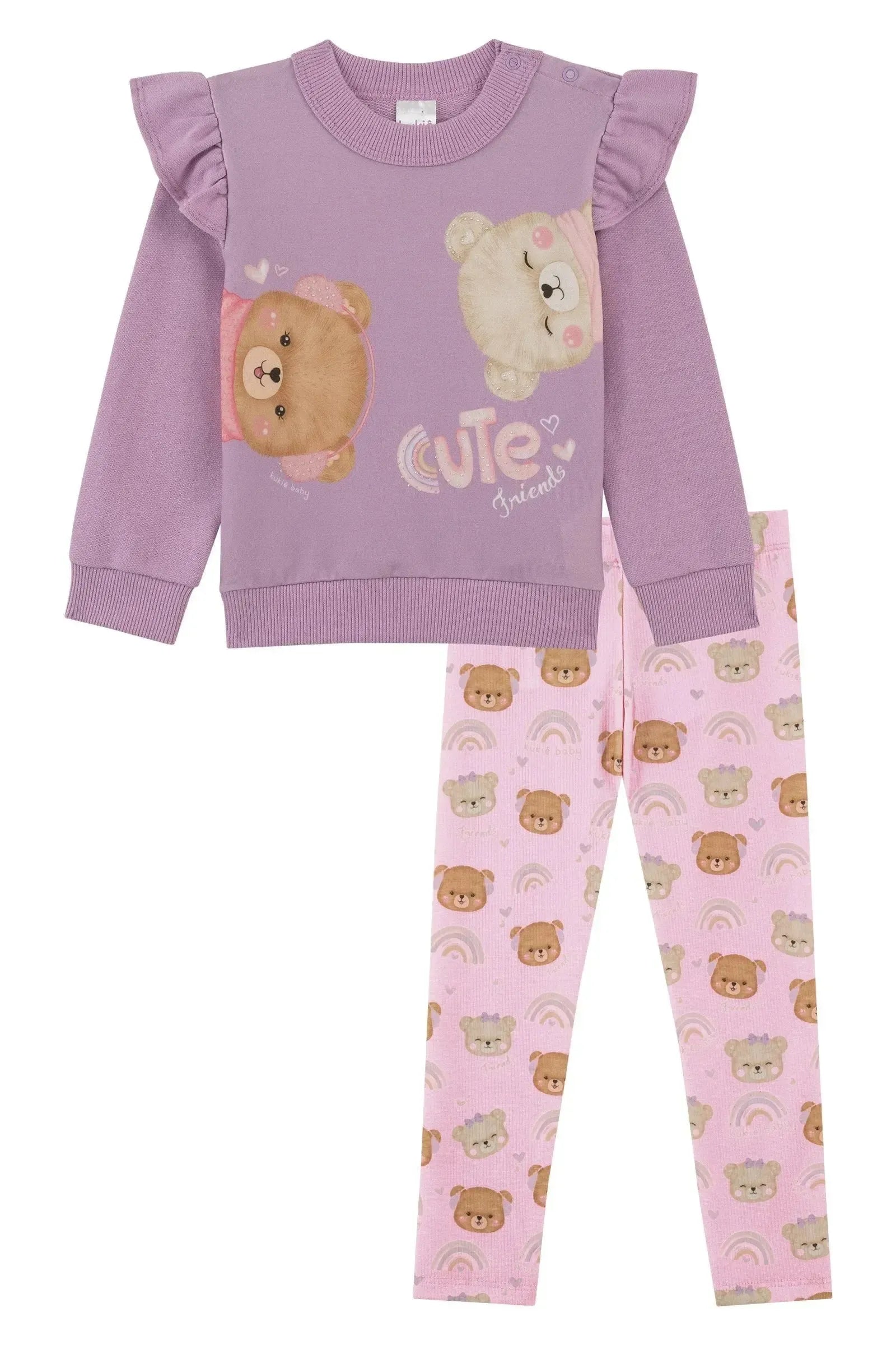 Conjunto de Blusão em Moletom sem Pelúcia e Calça Legging em Canelado 92199 Kukiê Bebê Menina