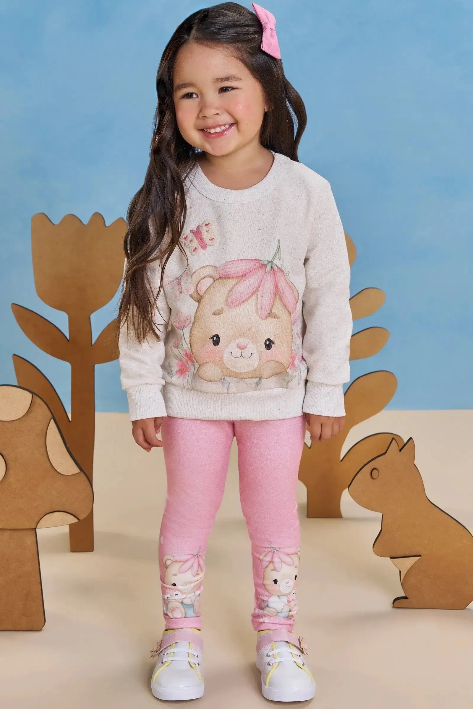 Conjunto de Blusão em Moletom sem Pelúcia e Calça Legging em Molecotton 90699 Infanti Bebê Menina