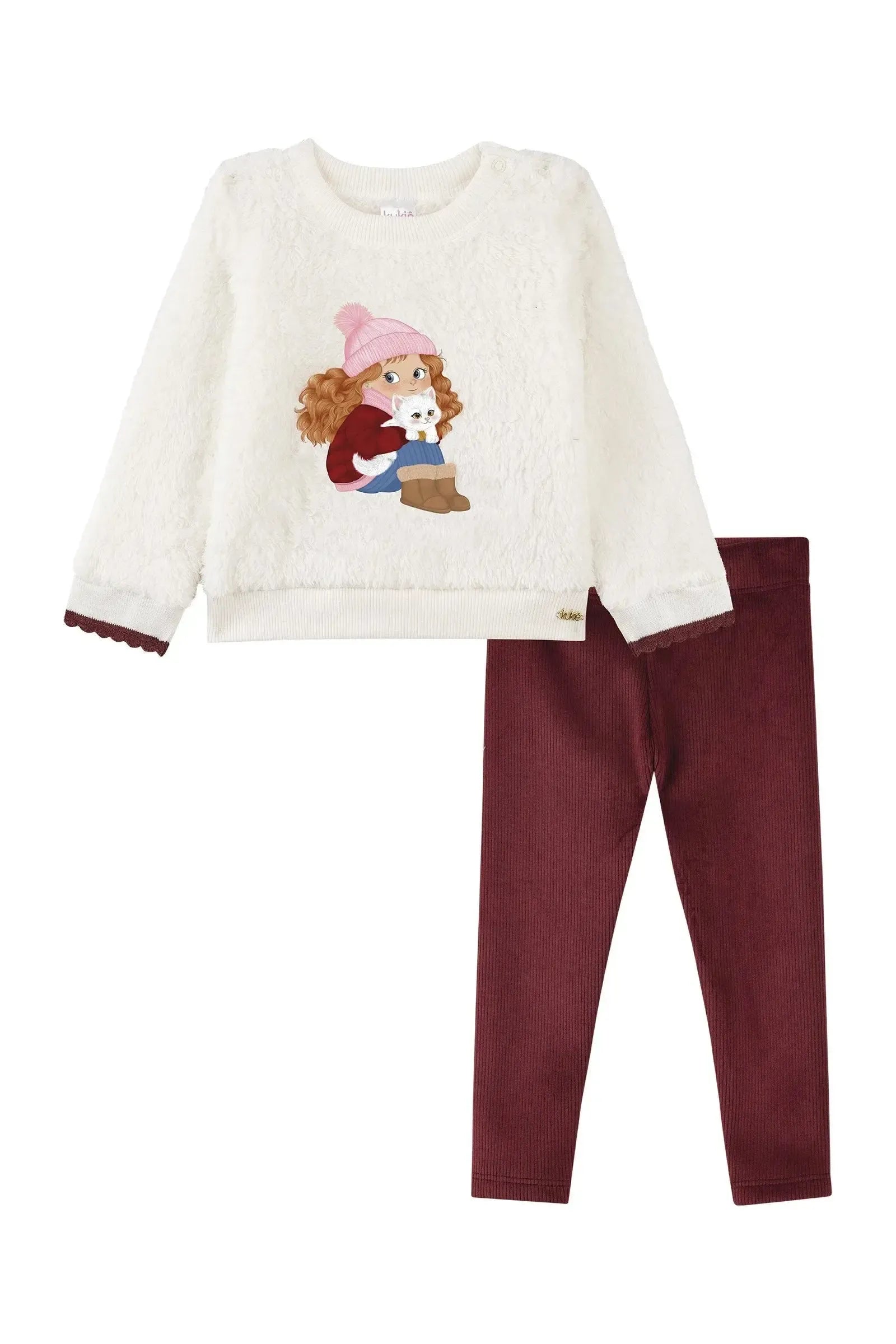 Conjunto de Blusão em Pêlo Carneirinho e Calça Legging em Fleece Cotelê com Elastano 92219 Kukiê Bebê Menina