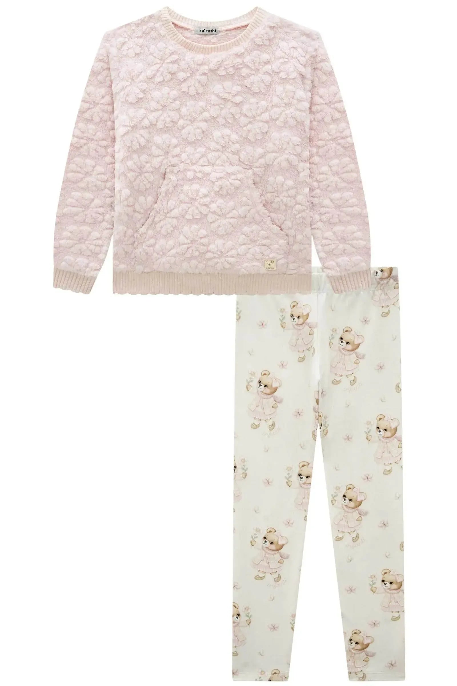 Conjunto de Blusão em Pelo Flores e Calça Legging em Termoskin Peluciado 92143 Infanti Infantil Menina