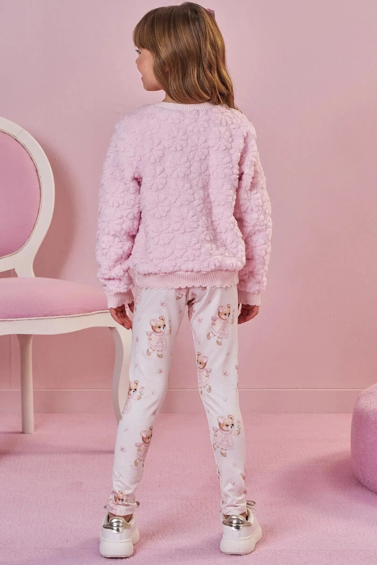 Conjunto de Blusão em Pelo Flores e Calça Legging em Termoskin Peluciado 92143 Infanti Infantil Menina