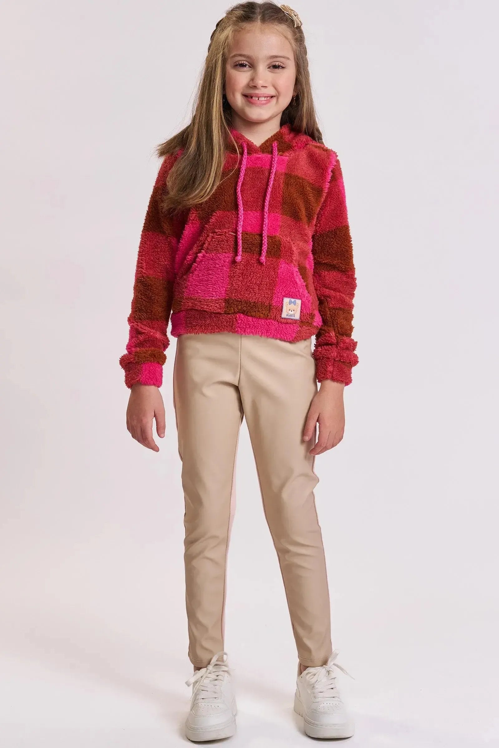 Conjunto de Blusão em Pelo Maxi Sheep e Calça Legging em Couro e Termoskin Peluciado. 92502 Kukiê Infantil Menina