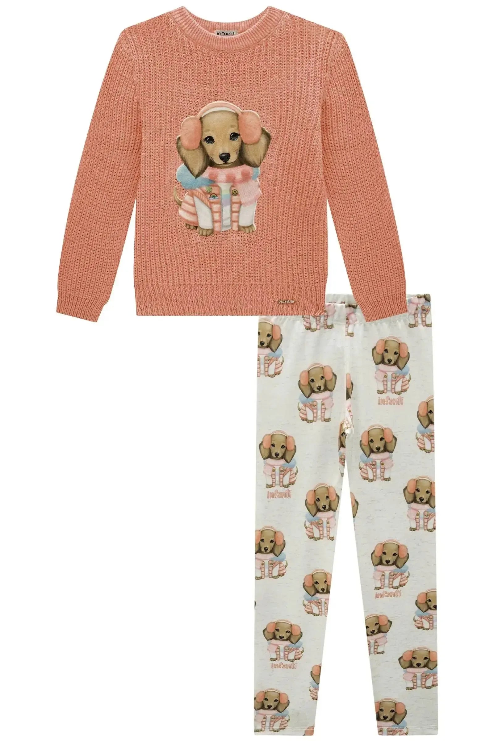 Conjunto de Blusão em Tricot e Calça Legging em Termoskin Peluciado 92364 Infanti Infantil Menina
