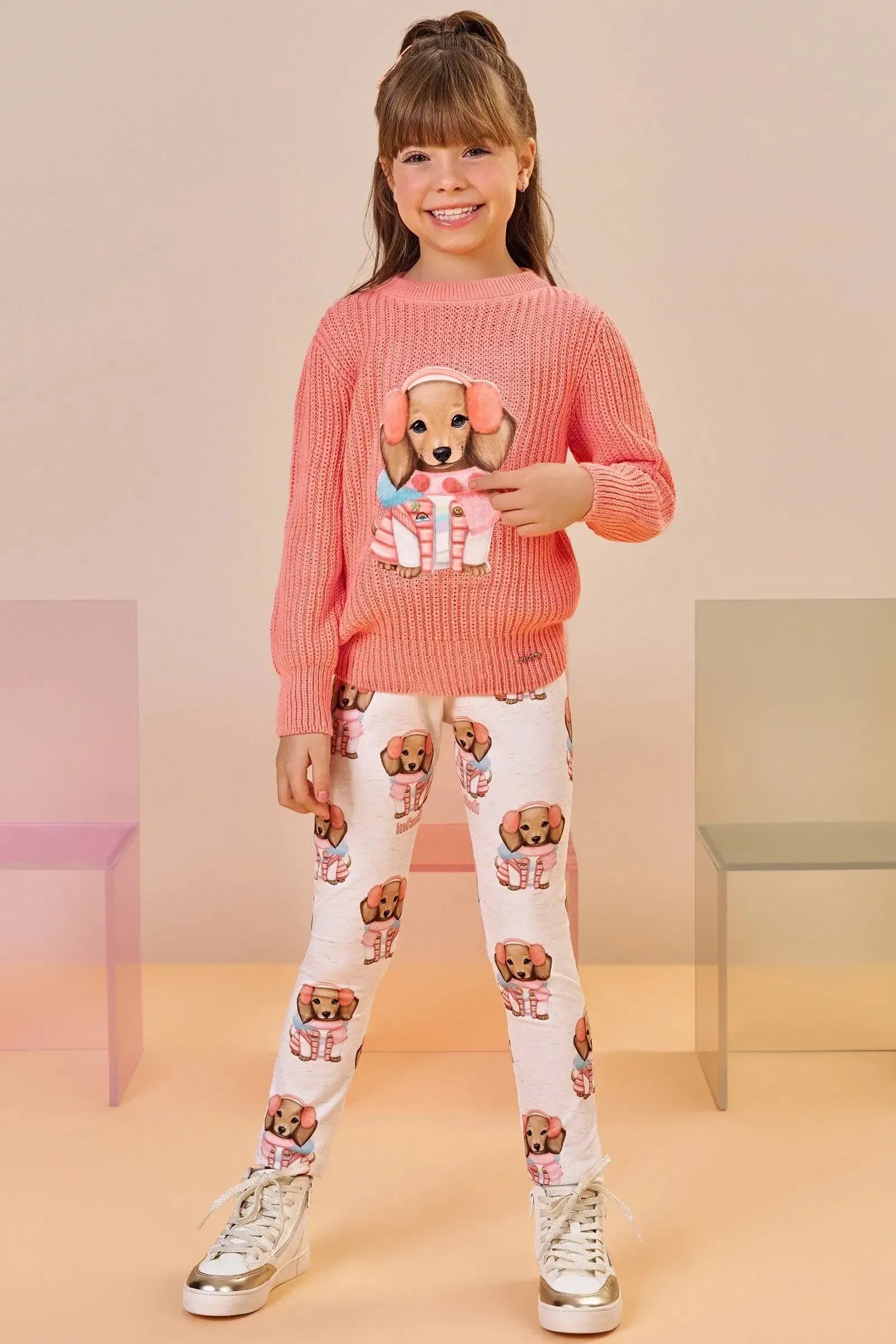 Conjunto de Blusão em Tricot e Calça Legging em Termoskin Peluciado 92364 Infanti Infantil Menina
