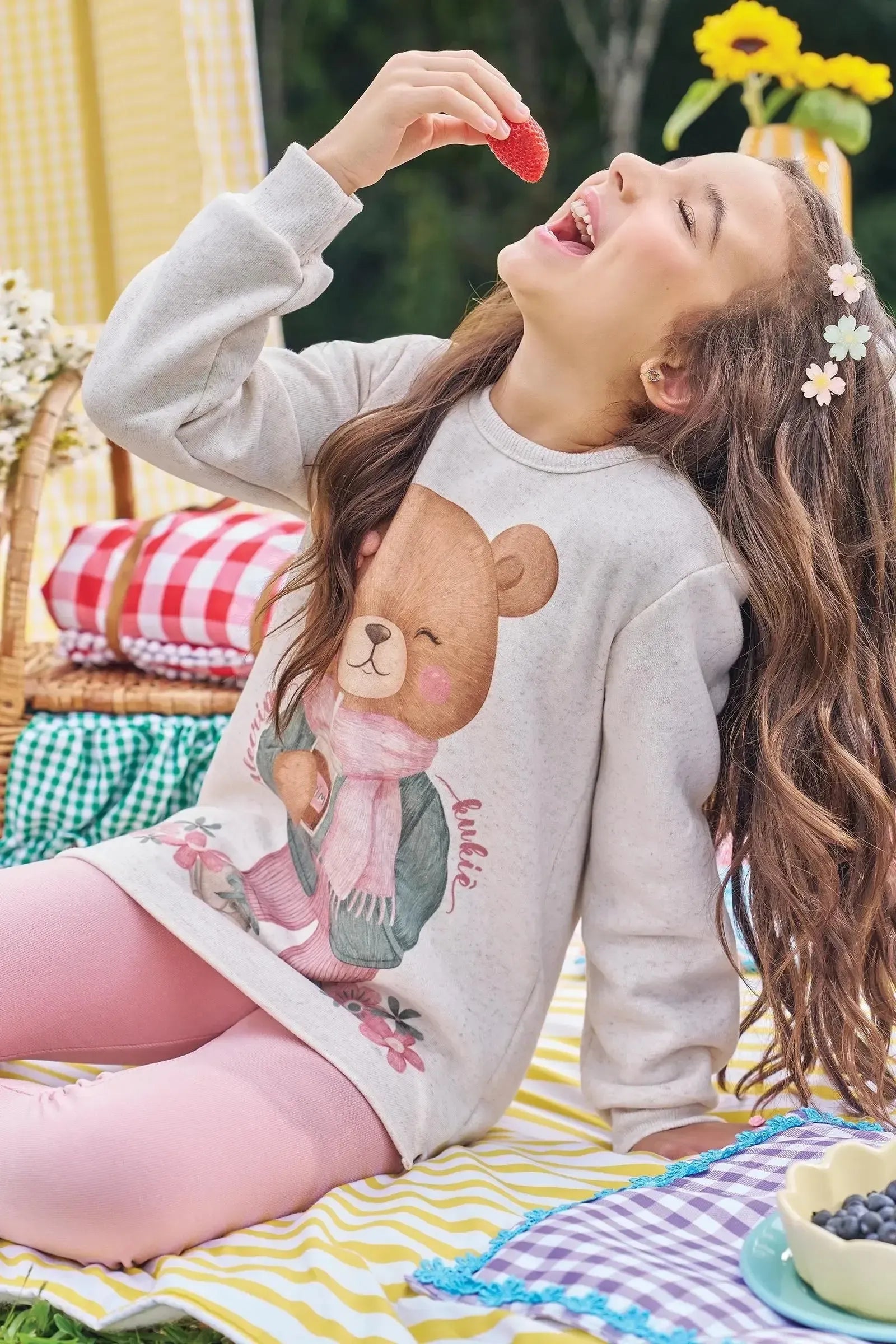 Conjunto de Blusão Over em Moletom Linho com Pelúcia e Calça Legging em Canelado Comfy 89572 Kukiê Infantil Menina