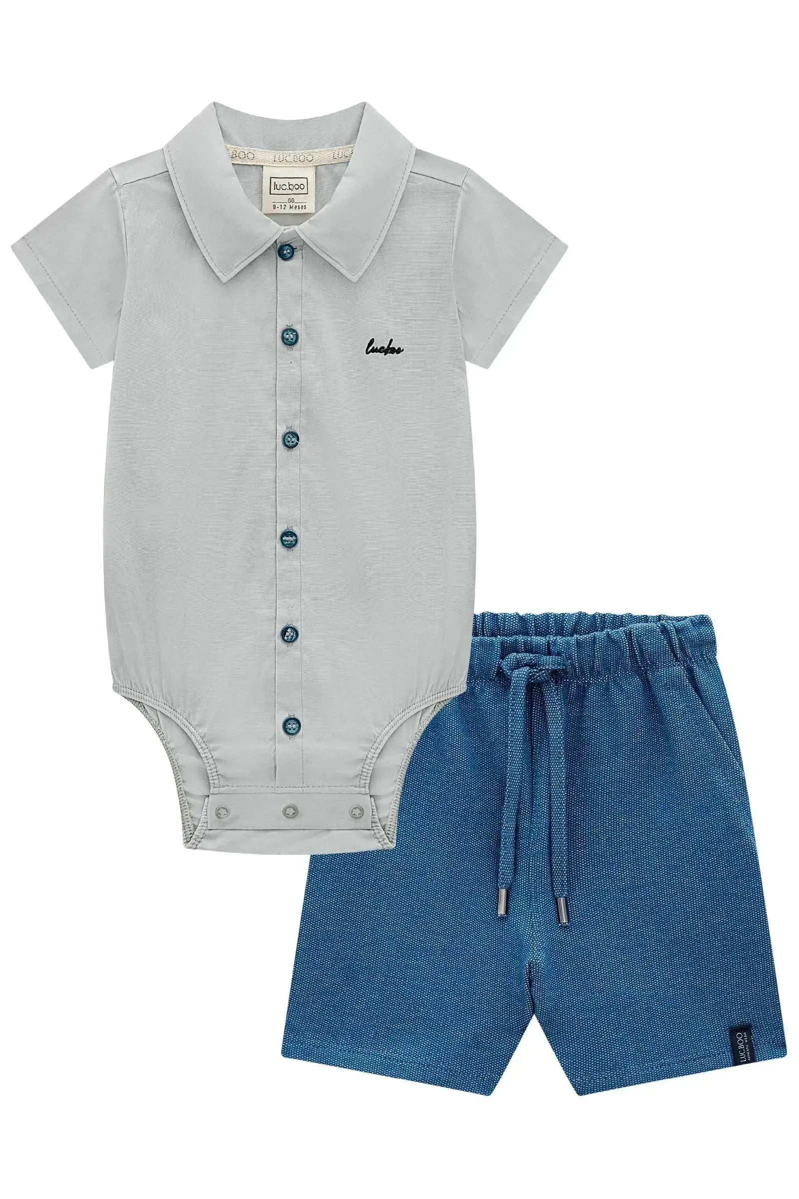 Conjunto de Body Camisa em Tricoline e Bermuda em Malha Denim com Elastano 98253 LucBoo Bebê Menino