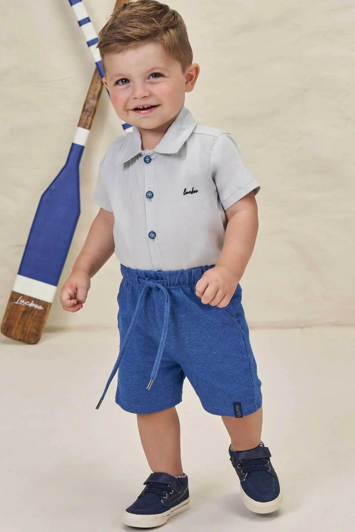 Conjunto de Body Camisa em Tricoline e Bermuda em Malha Denim com Elastano 98253 LucBoo Bebê Menino