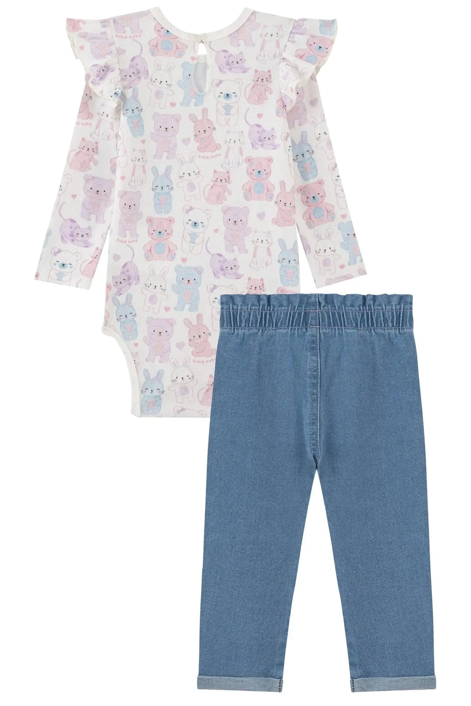 Conjunto de Body em Canelado e Calça em Jeans com Elastano 91968 Kukiê Bebê Menina