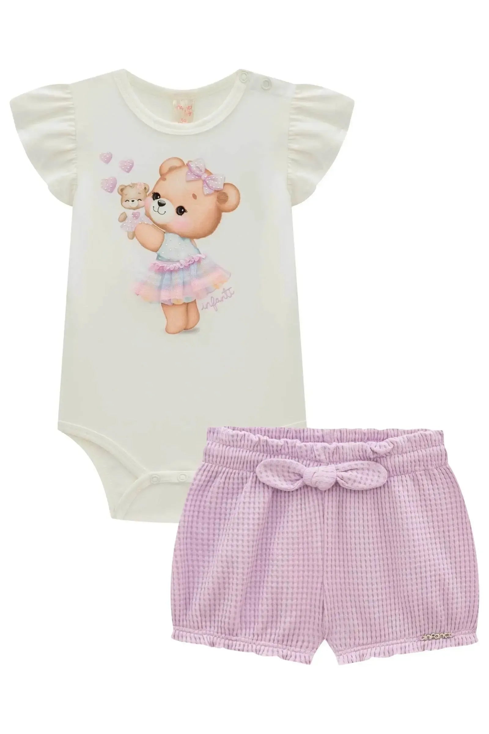 Conjunto de Body em Cotton com Shorts em Malha Big Waffle 99176 Infanti Bebê Menina