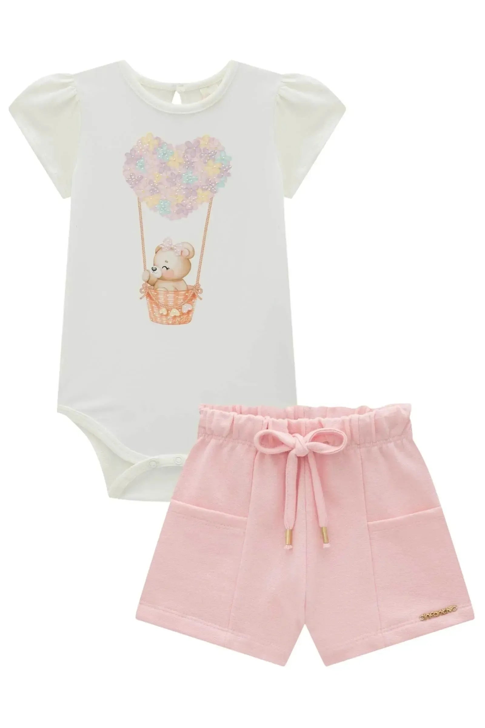 Conjunto de Body em Cotton com Shorts em Moletom sem Pelúcia 94194 Infanti Bebê Menina