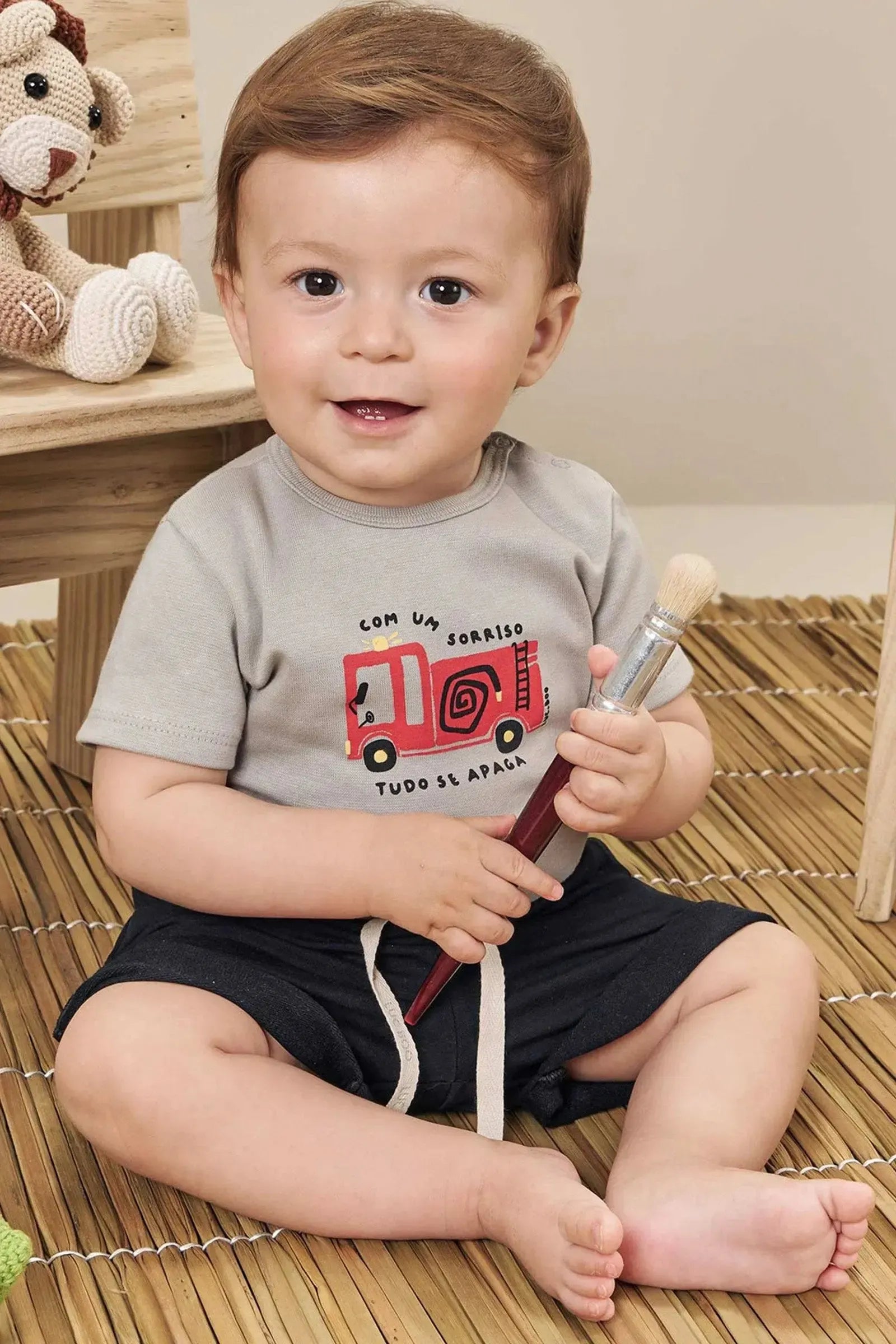 Conjunto de Body em Cotton e Bermuda em Molevisco 83849 LucBoo Bebê Menino