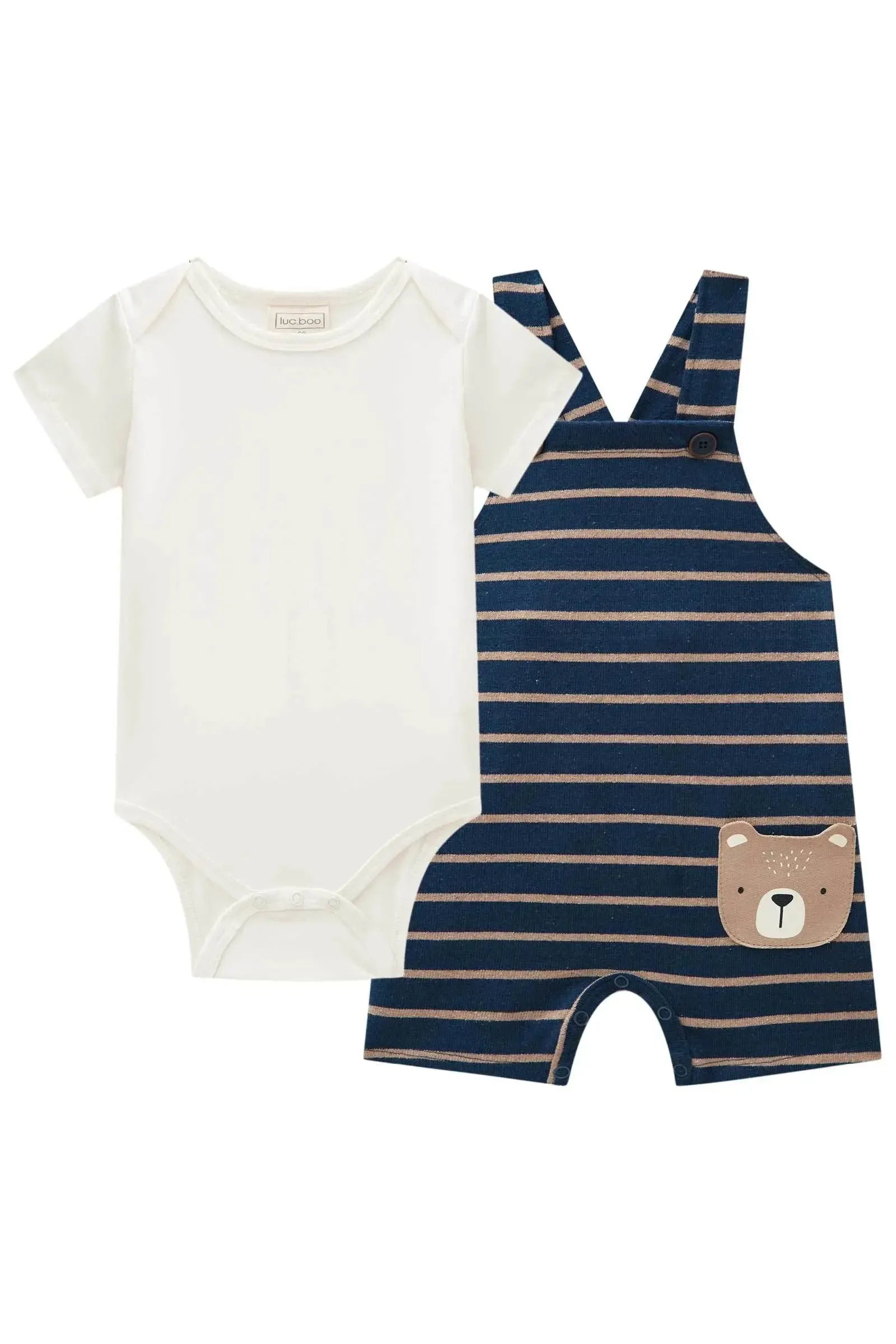 Conjunto de Body em Cotton e Jardineira em Malha Listrado 85132 LucBoo Bebê Menino
