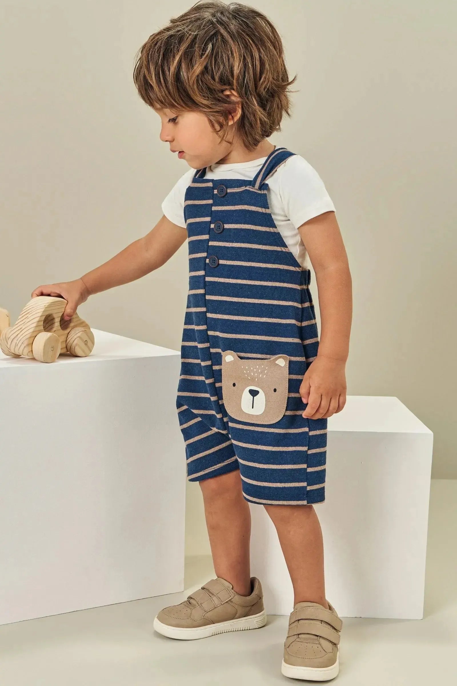 Conjunto de Body em Cotton e Jardineira em Malha Listrado 85132 LucBoo Bebê Menino