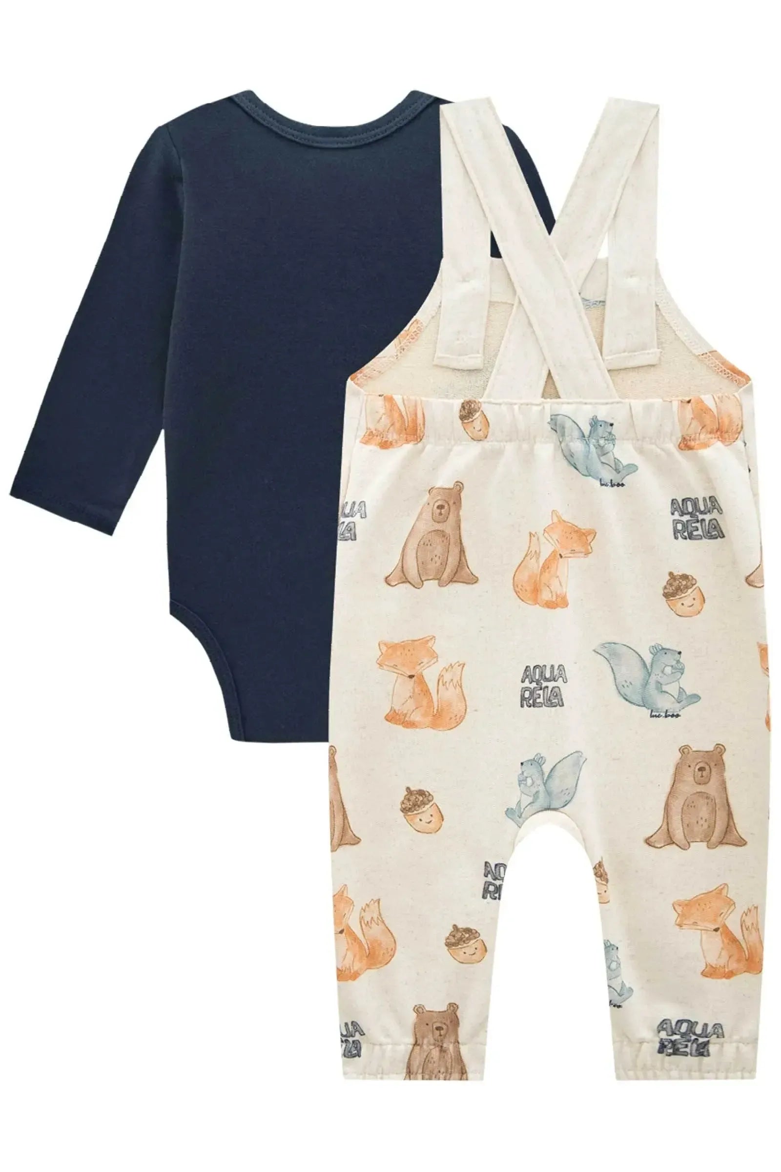 Conjunto de Body em Cotton e Jardineira em Moletom Linho sem Pelúcia 91660 LucBoo Bebê Menino