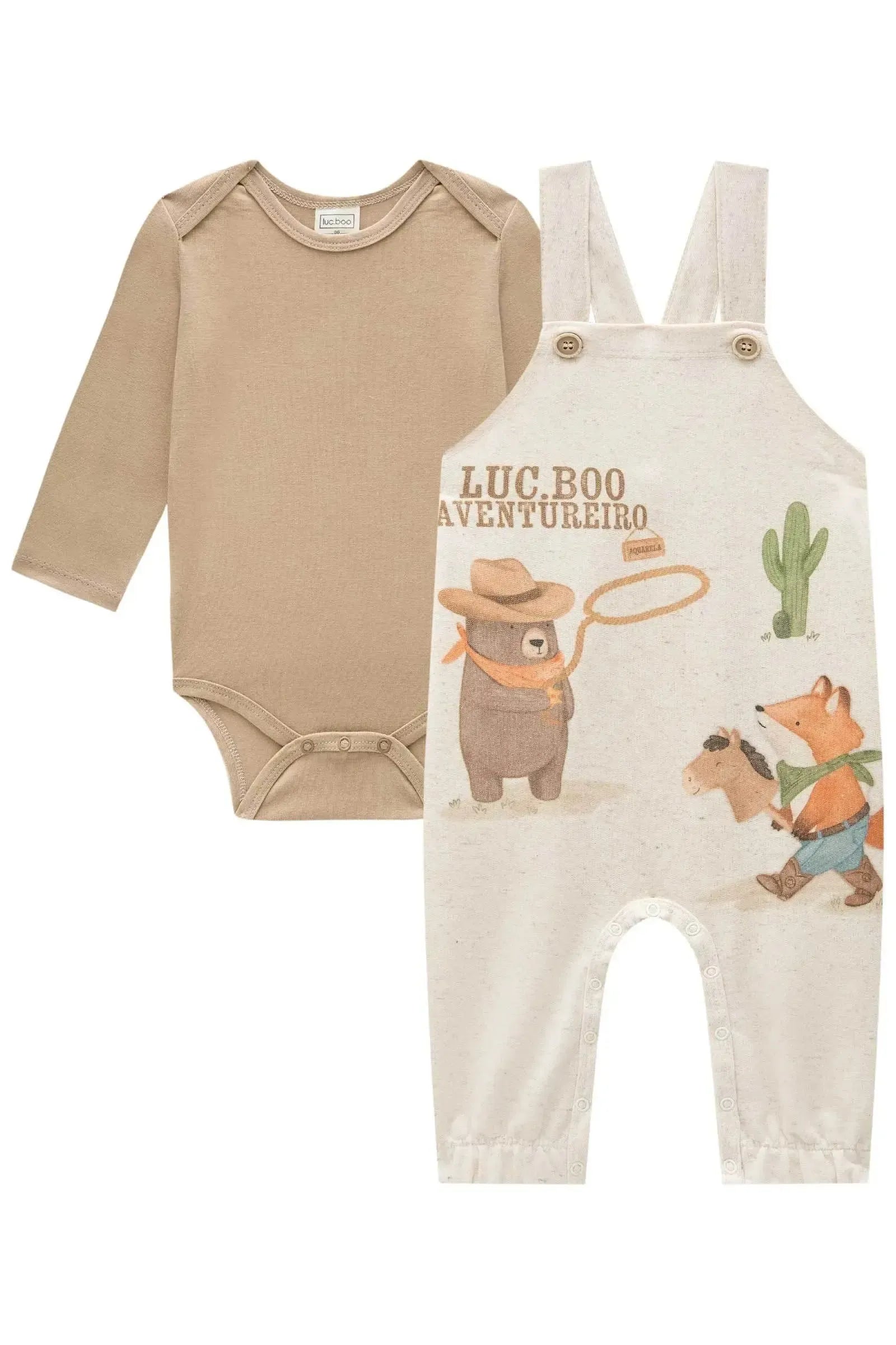 Conjunto de Body em Cotton e Jardineira em Moletom Linho sem Pelúcia 91663 LucBoo Bebê Menino