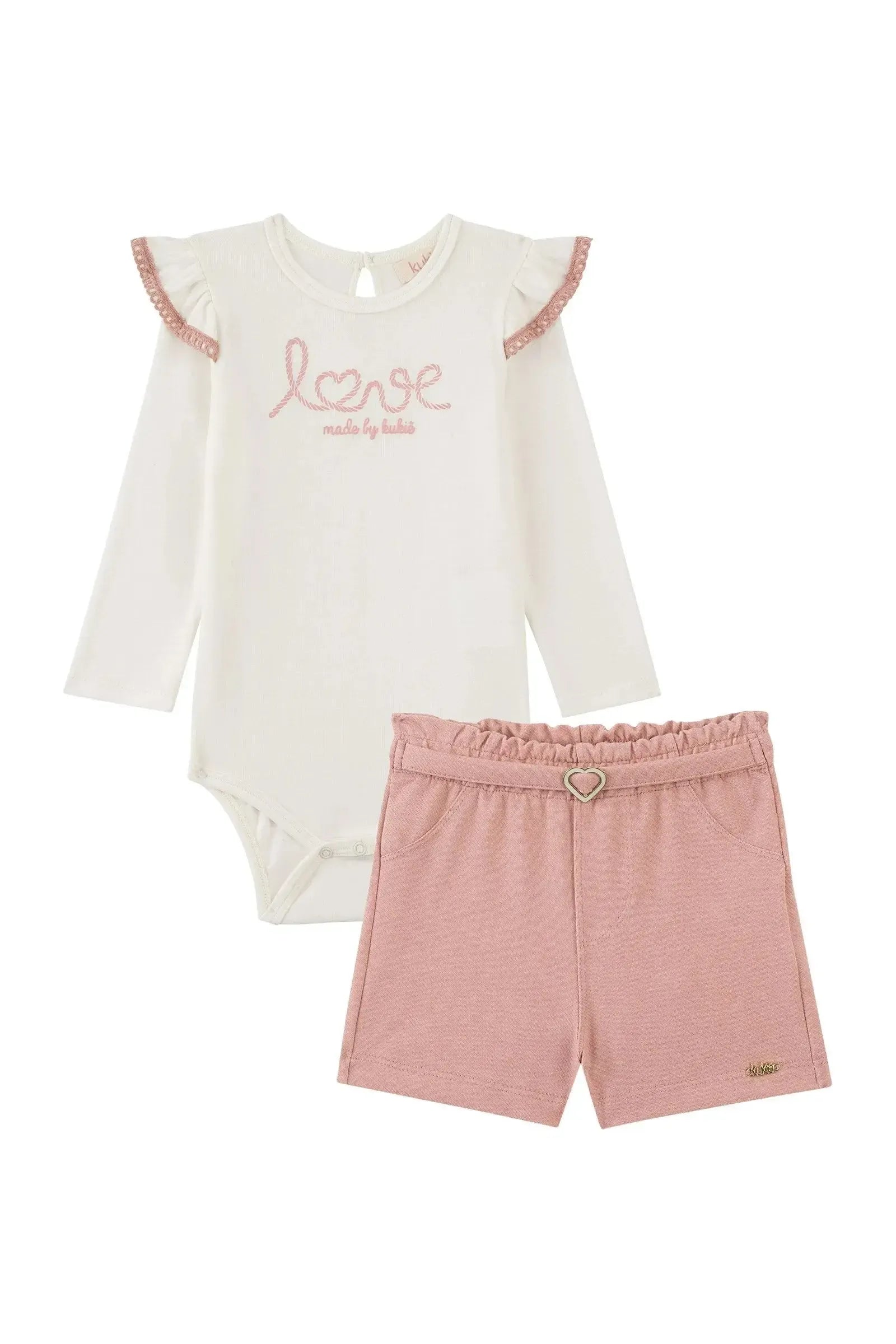 Conjunto de Body em Cotton e Shorts em Cotton Jeans 91960 Kukiê Bebê Menina
