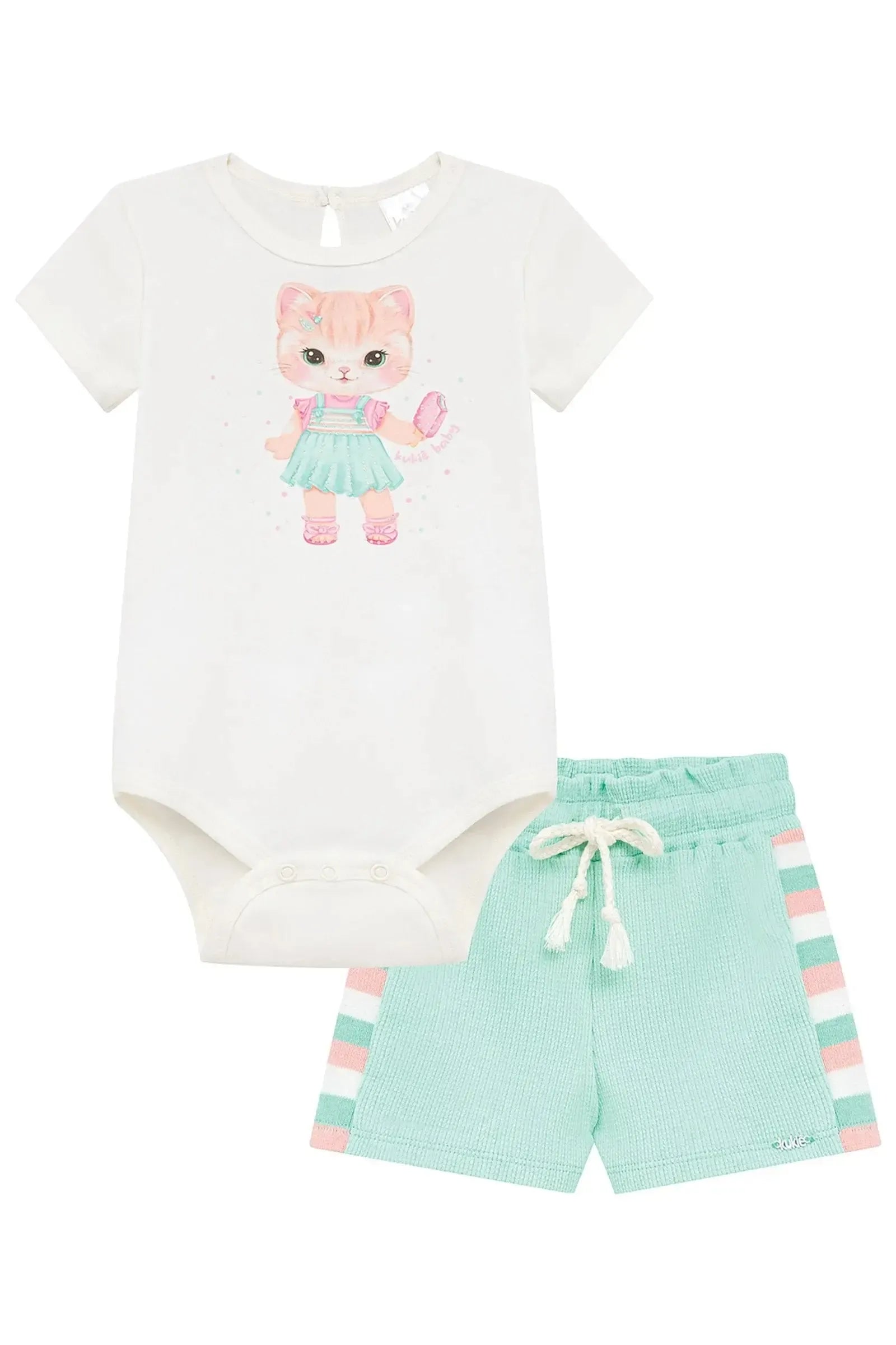 Conjunto de Body em Cotton e Shorts em Malha Waffle 95349 Kukiê Bebê Menina