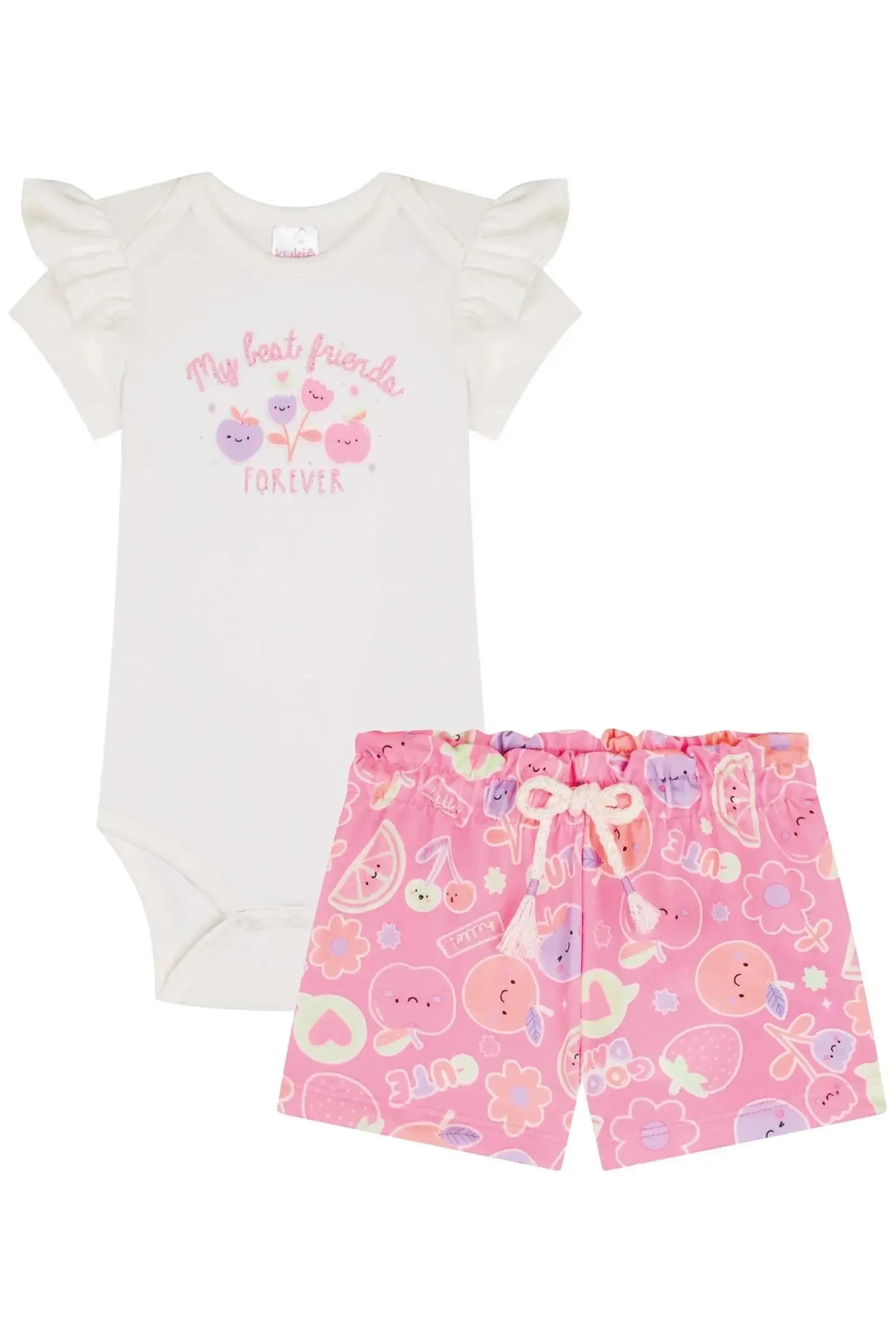 Conjunto de Body em Cotton e Shorts em Molecotton 85356 Kukiê Bebê Menina