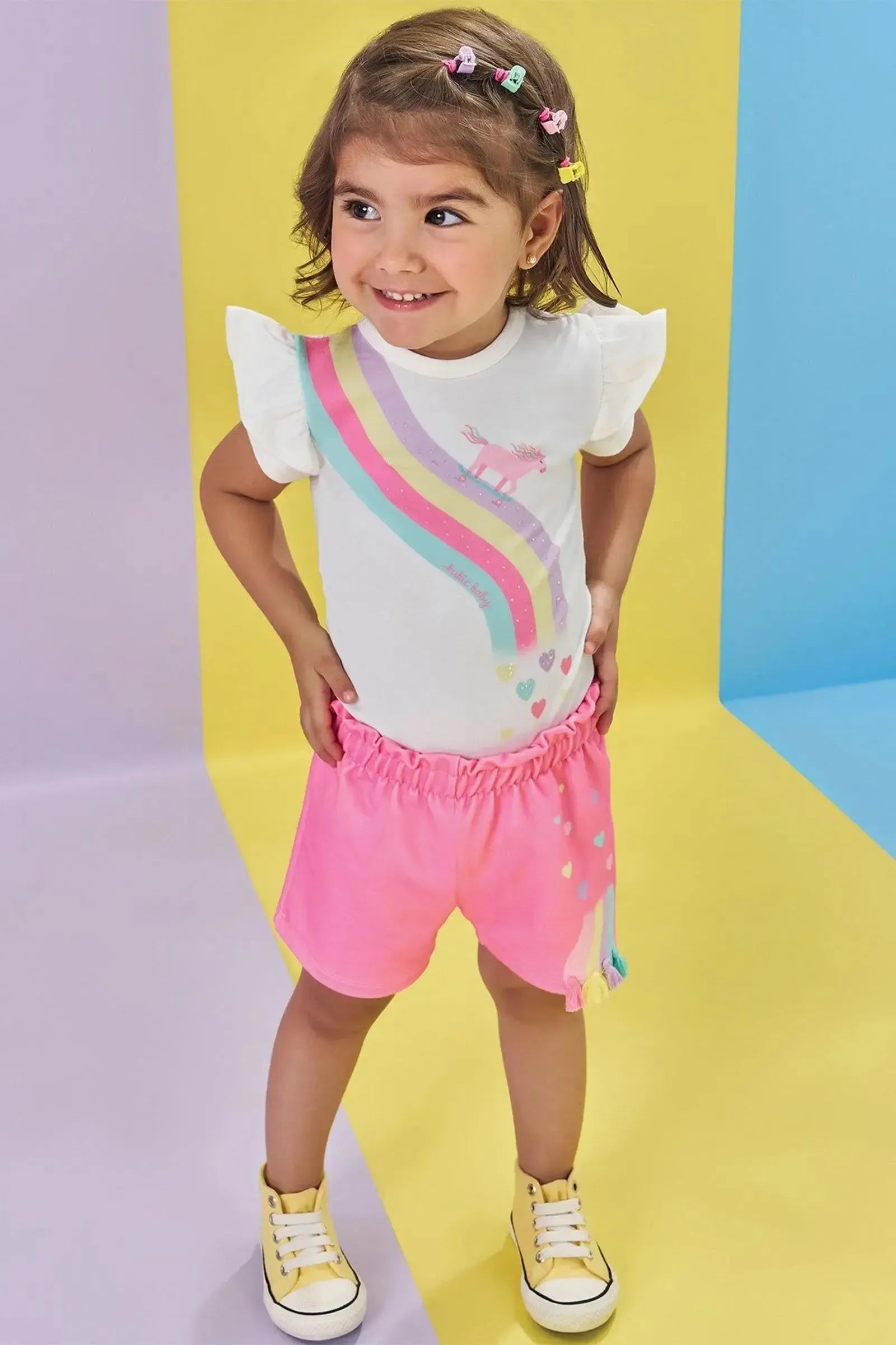 Conjunto de Body em Cotton e Shorts em Molecotton 85414 Kukiê Bebê Menina