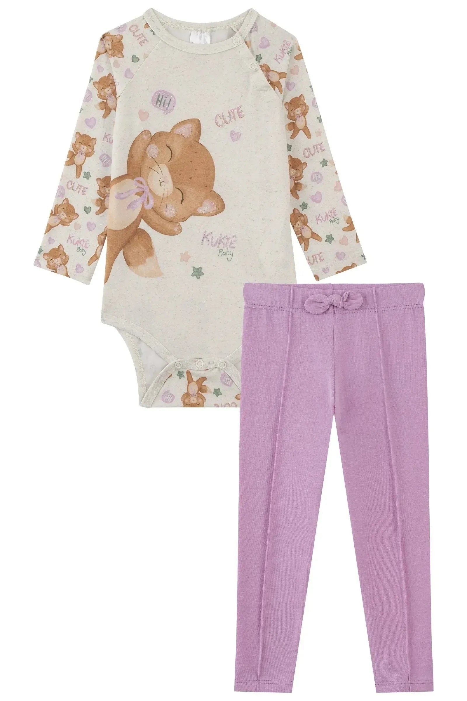 Conjunto de Body em Malha Comfy e Calça Legging em Cotton 91956 Kukiê Bebê Menina