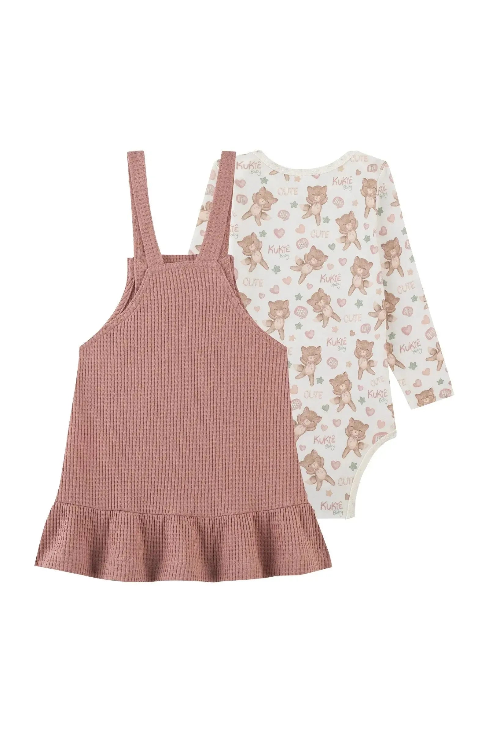 Conjunto de Body em Malha Comfy e Salopete em Malha Big Waffle 91883 Kukiê Bebê Menina