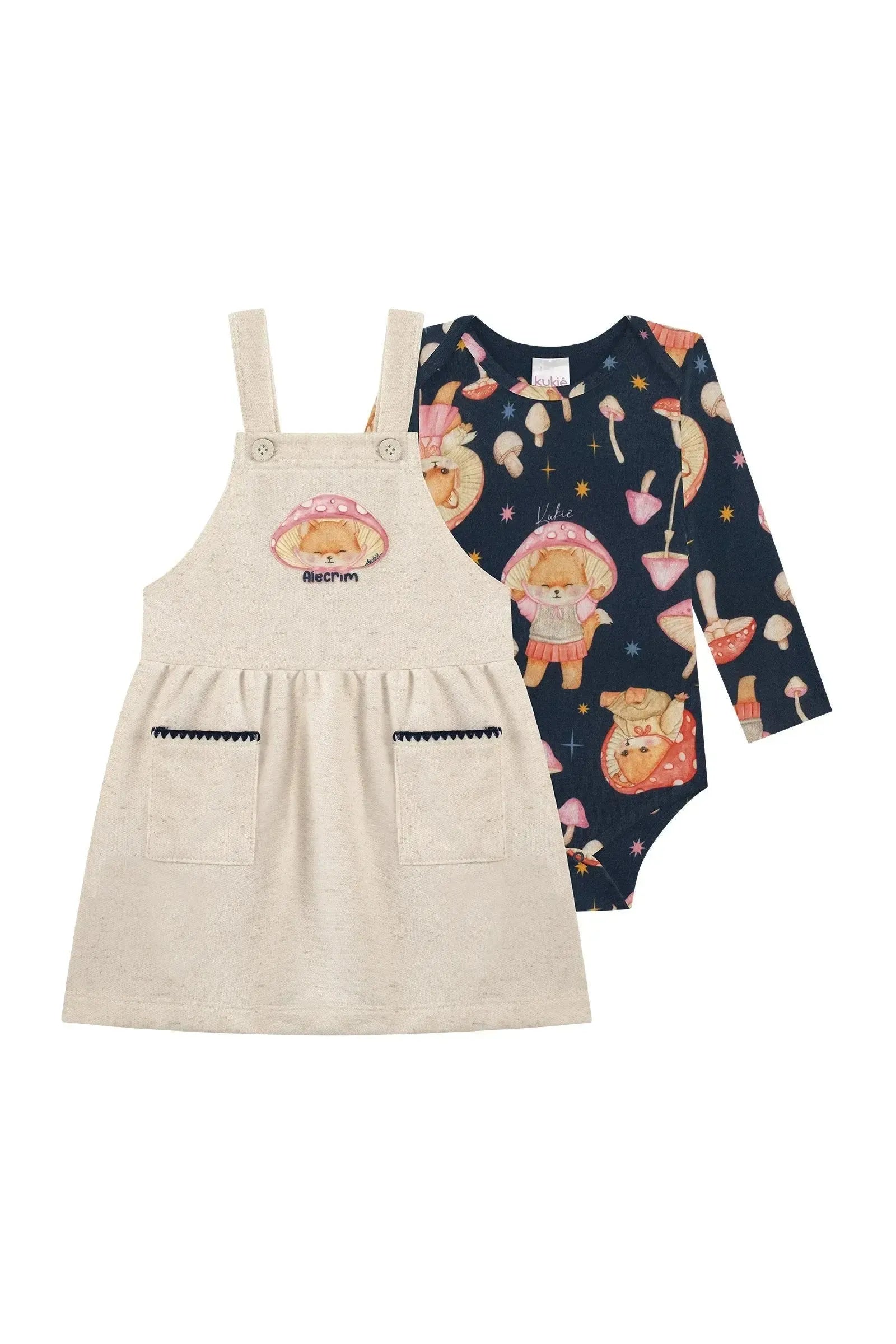 Conjunto de Body em Malha Fresh e Salopete em Moletom Linho sem Pelúcia 90308 Kukiê Bebê Menina