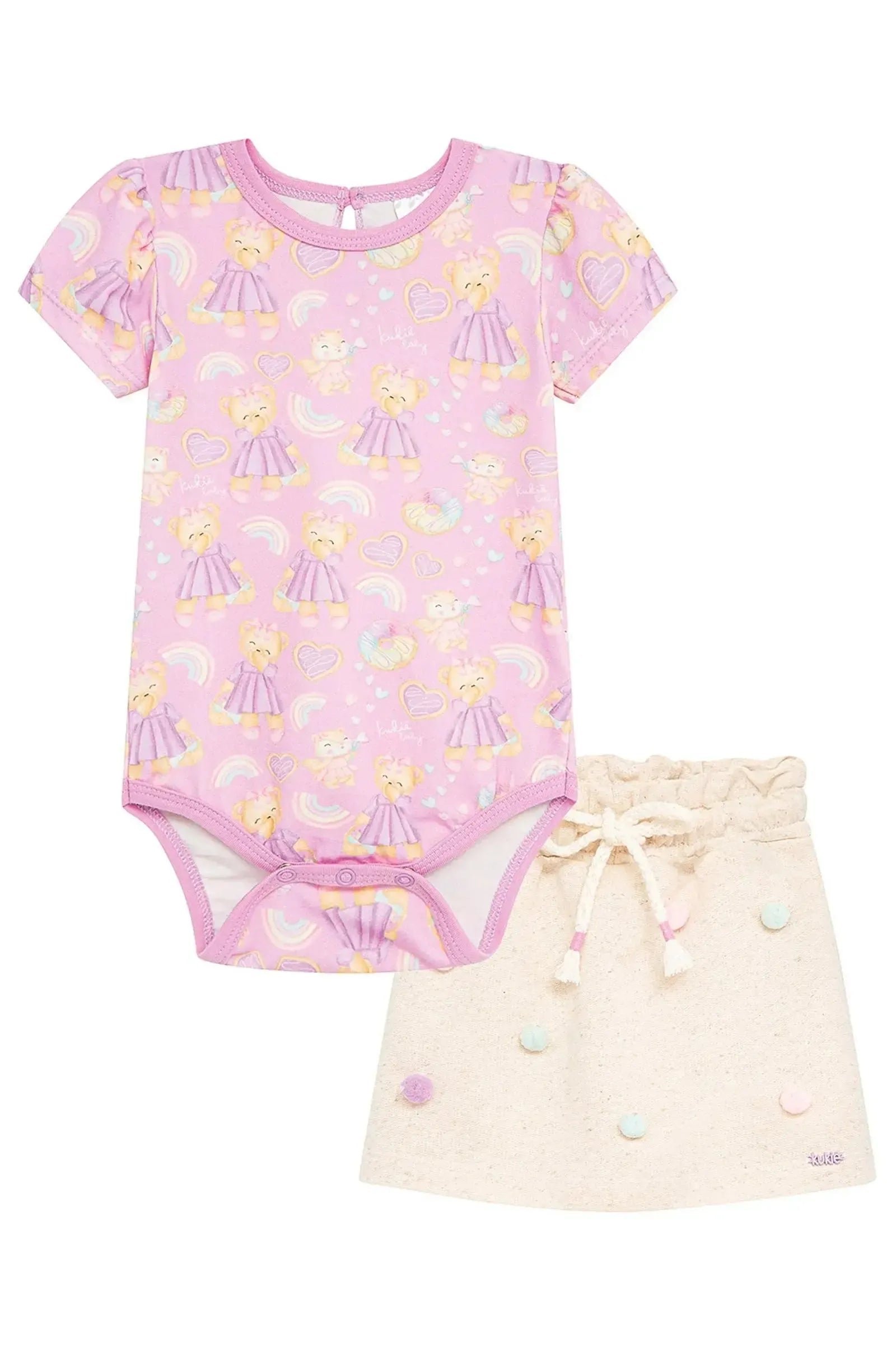 Conjunto de Body em Malha Power e Short Saia em Moletom sem Pelúcia 92905 Kukiê Bebê Menina