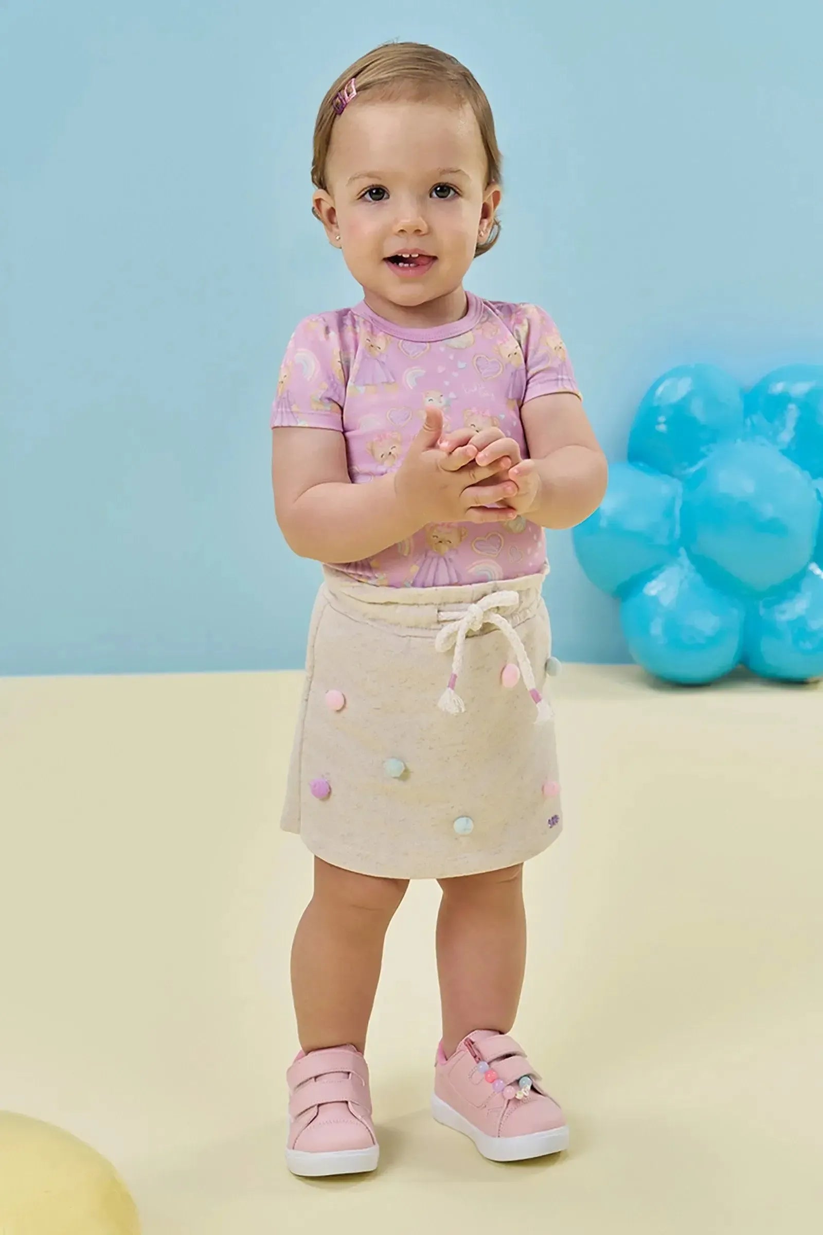 Conjunto de Body em Malha Power e Short Saia em Moletom sem Pelúcia 92905 Kukiê Bebê Menina