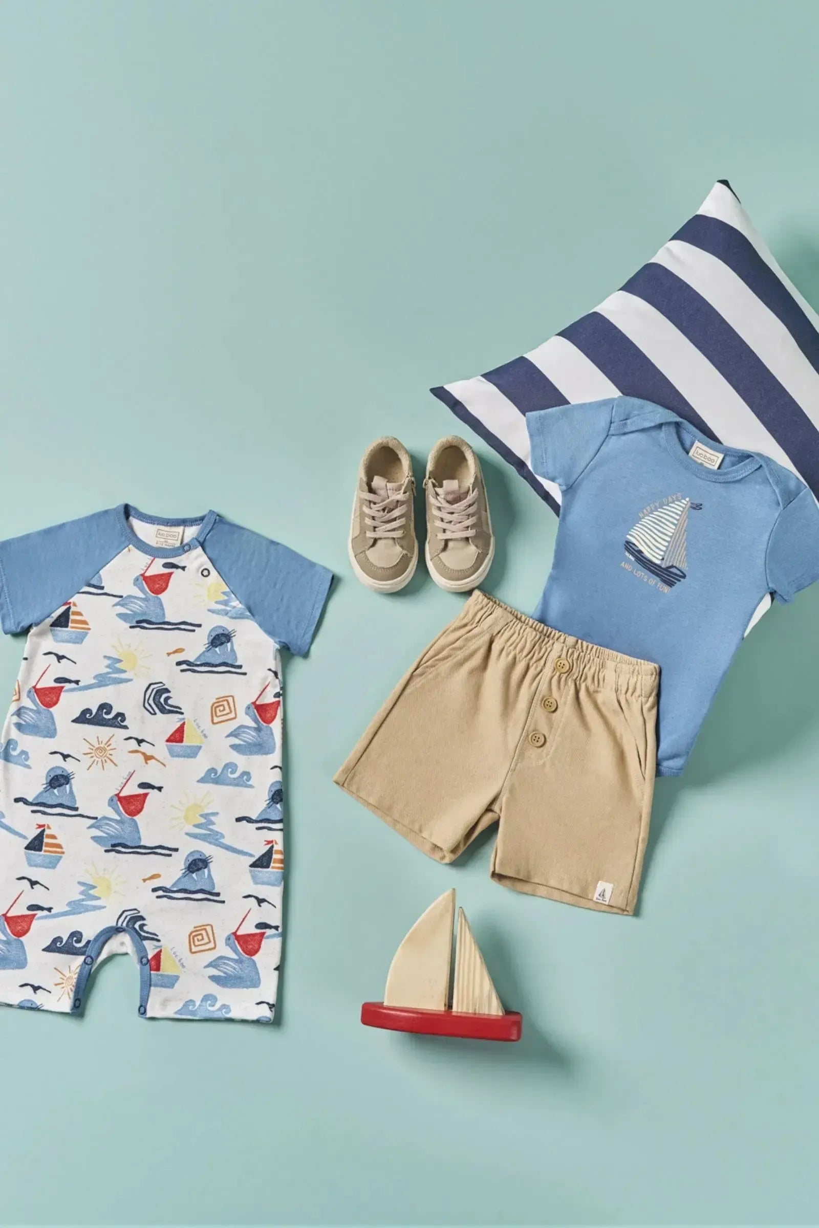Conjunto de Body em Ribana 1x1 e Bermuda em Cotton Jeans com Elastano 82925 LucBoo Bebê Menino