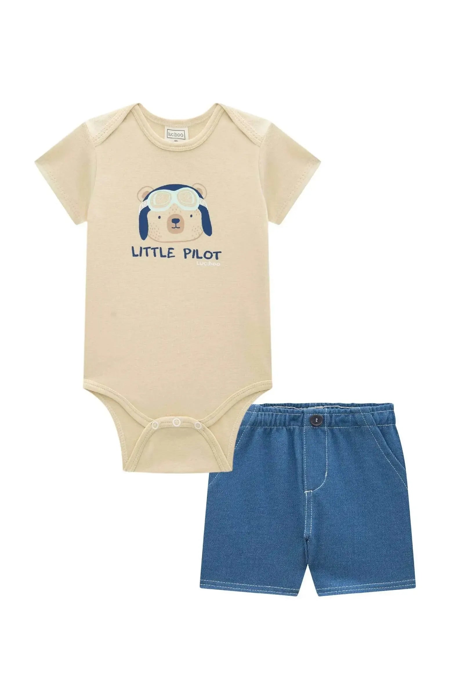 Conjunto de Body em Ribana 1x1 e Bermuda em Malha Denim com Elastano 94549 LucBoo Bebê Menino