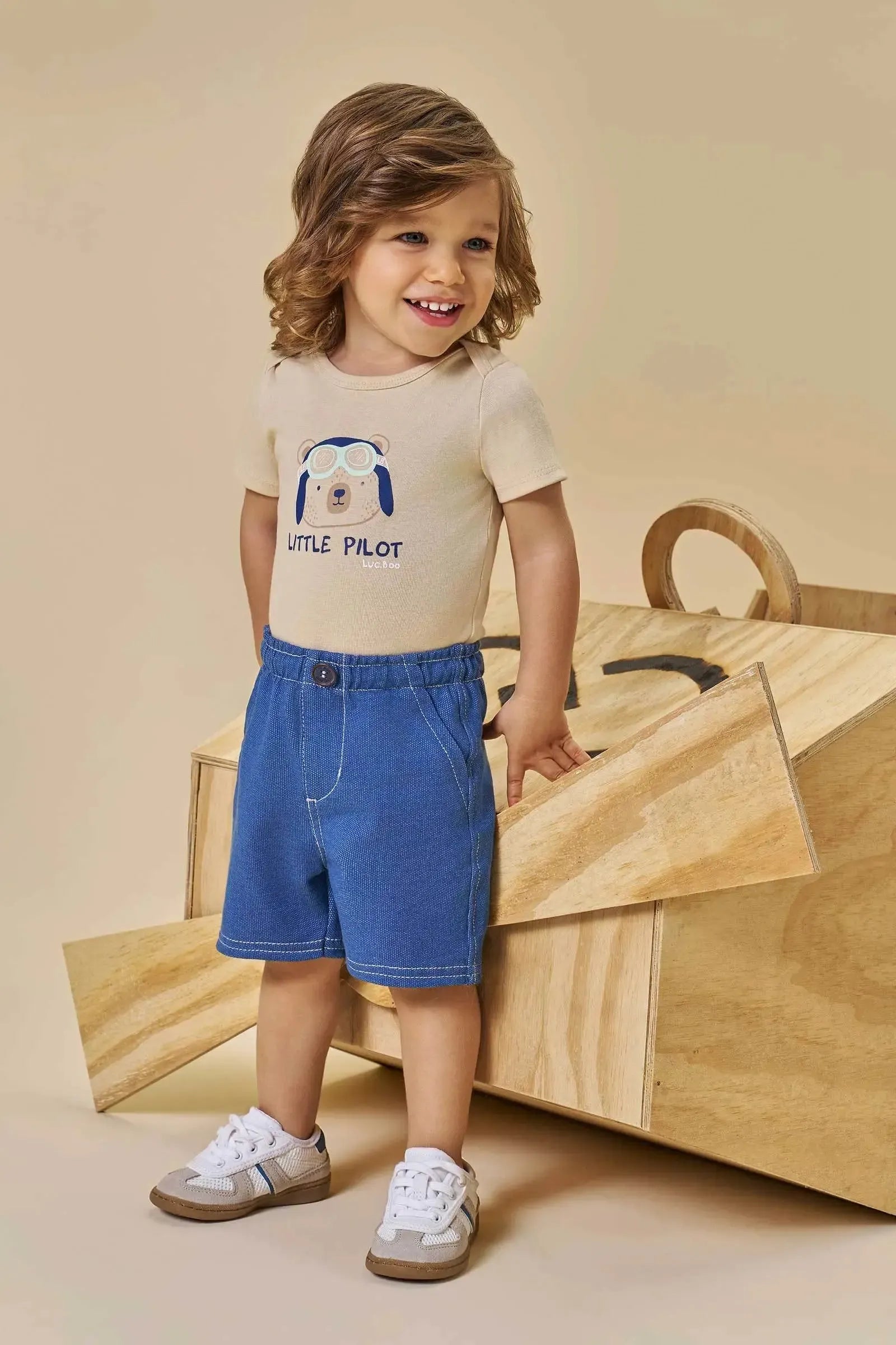 Conjunto de Body em Ribana 1x1 e Bermuda em Malha Denim com Elastano 94549 LucBoo Bebê Menino