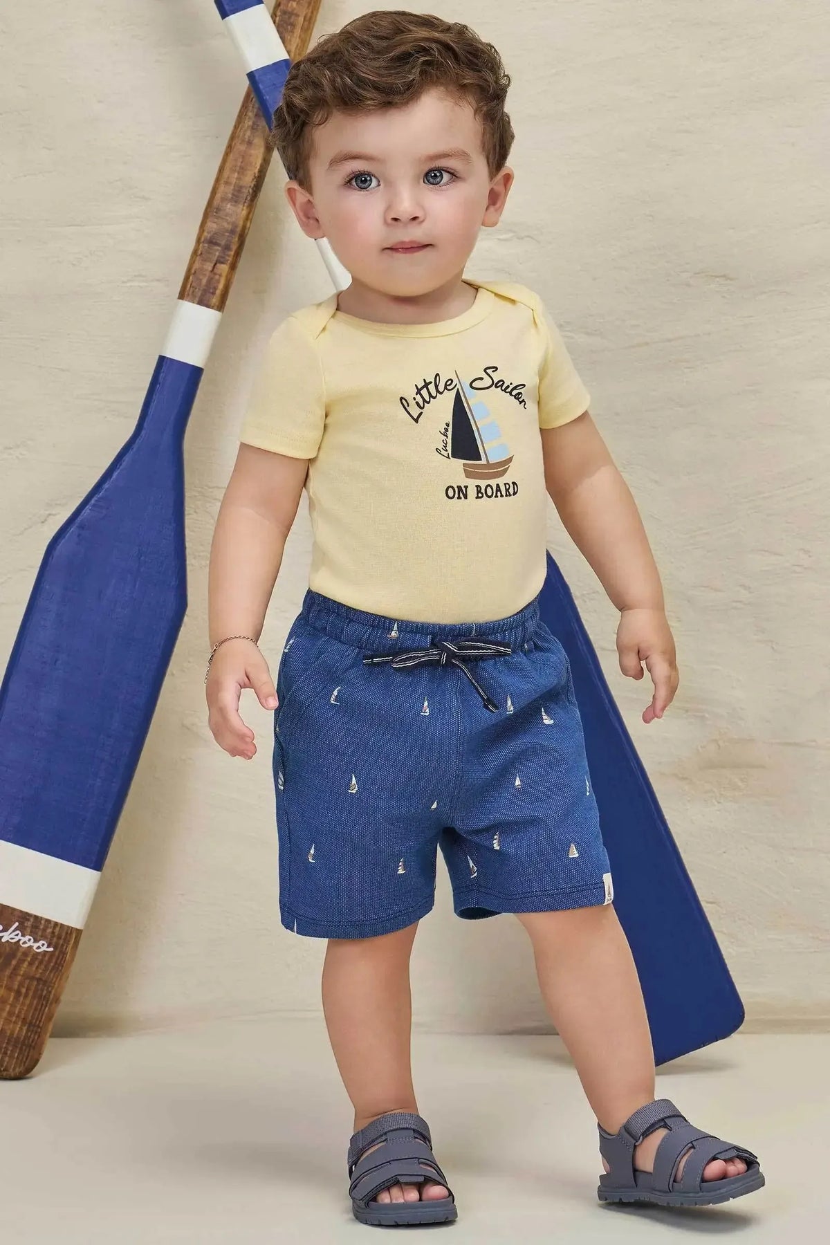 Conjunto de Body em Ribana 1x1 e Bermuda em Malha Denim com Elastano 98228 LucBoo Bebê Menino