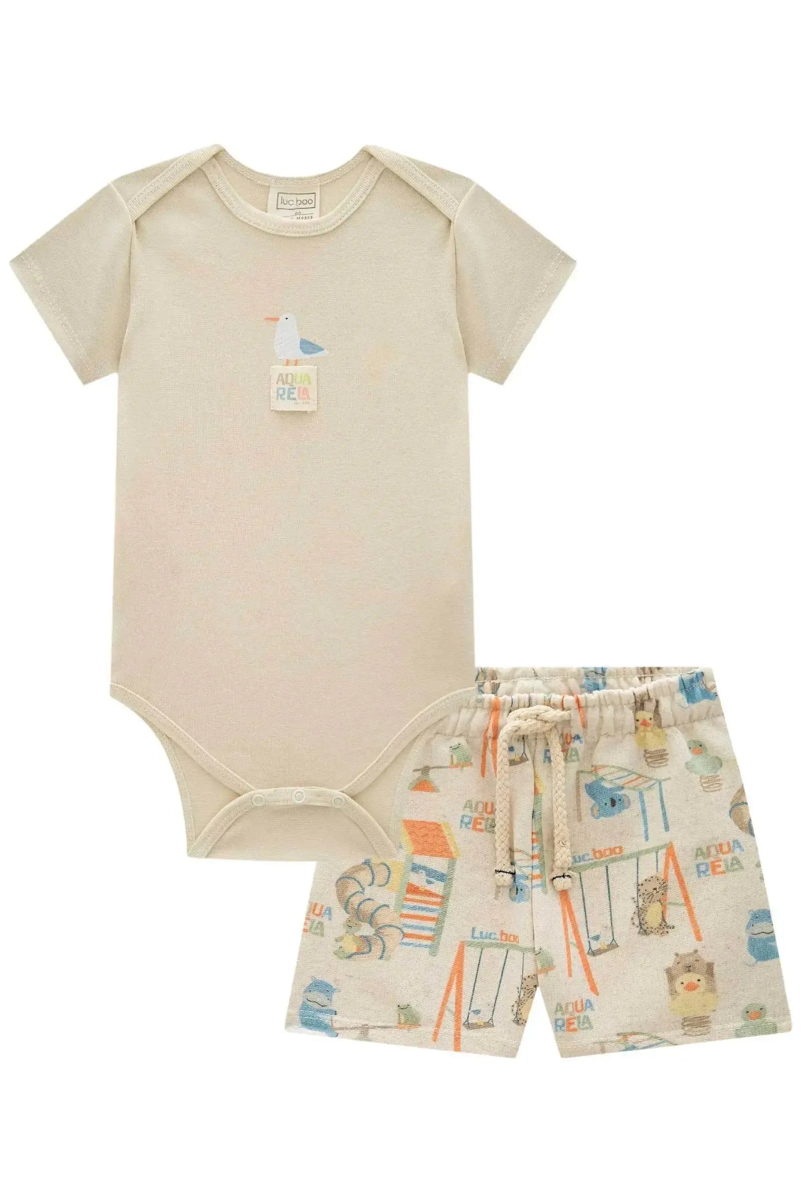Conjunto de Body em Ribana 1x1 e Bermuda em Moletom Linho sem Pelúcia 87935 LucBoo Bebê Menino